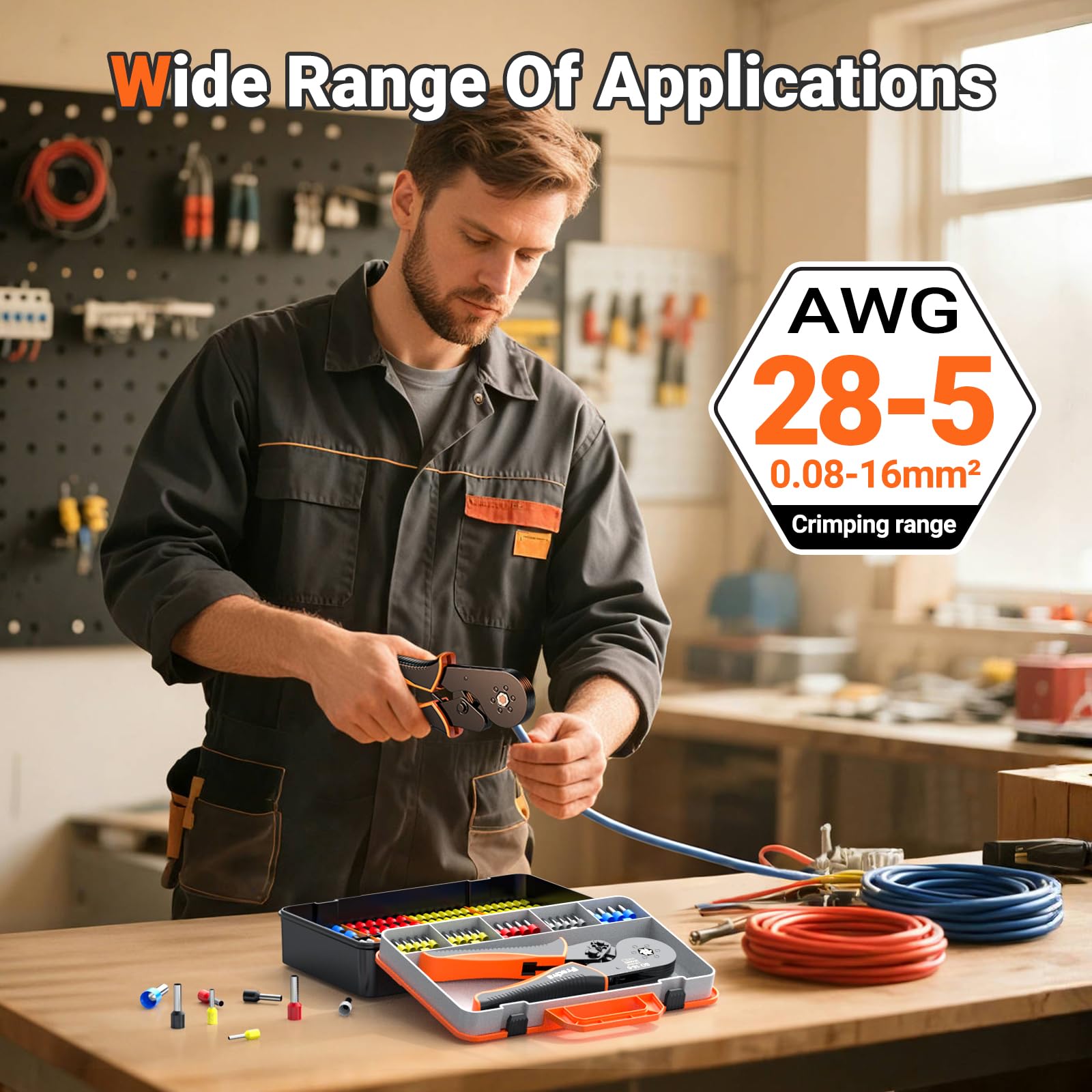 Preciva Kit di crimpatura per puntali, crimpatrice esagonale AWG 28-5 con cricchetto autoregolante, include 1500 puntali, per cablaggio industriale e terminali elettrici