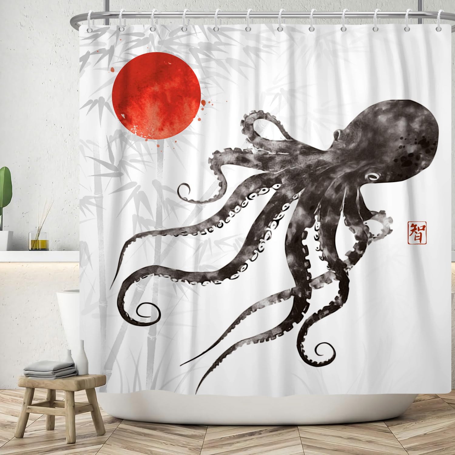 ASDCXZ Octopus Shower Curtain 90x180 cm, Chinese Ink Painting Black Octopus Red Sun Bamboo Bath Washable Shower Curtains Polyester Textile Waterproof Shower Curtain for Bathtub with 6 Hooks โ image 1