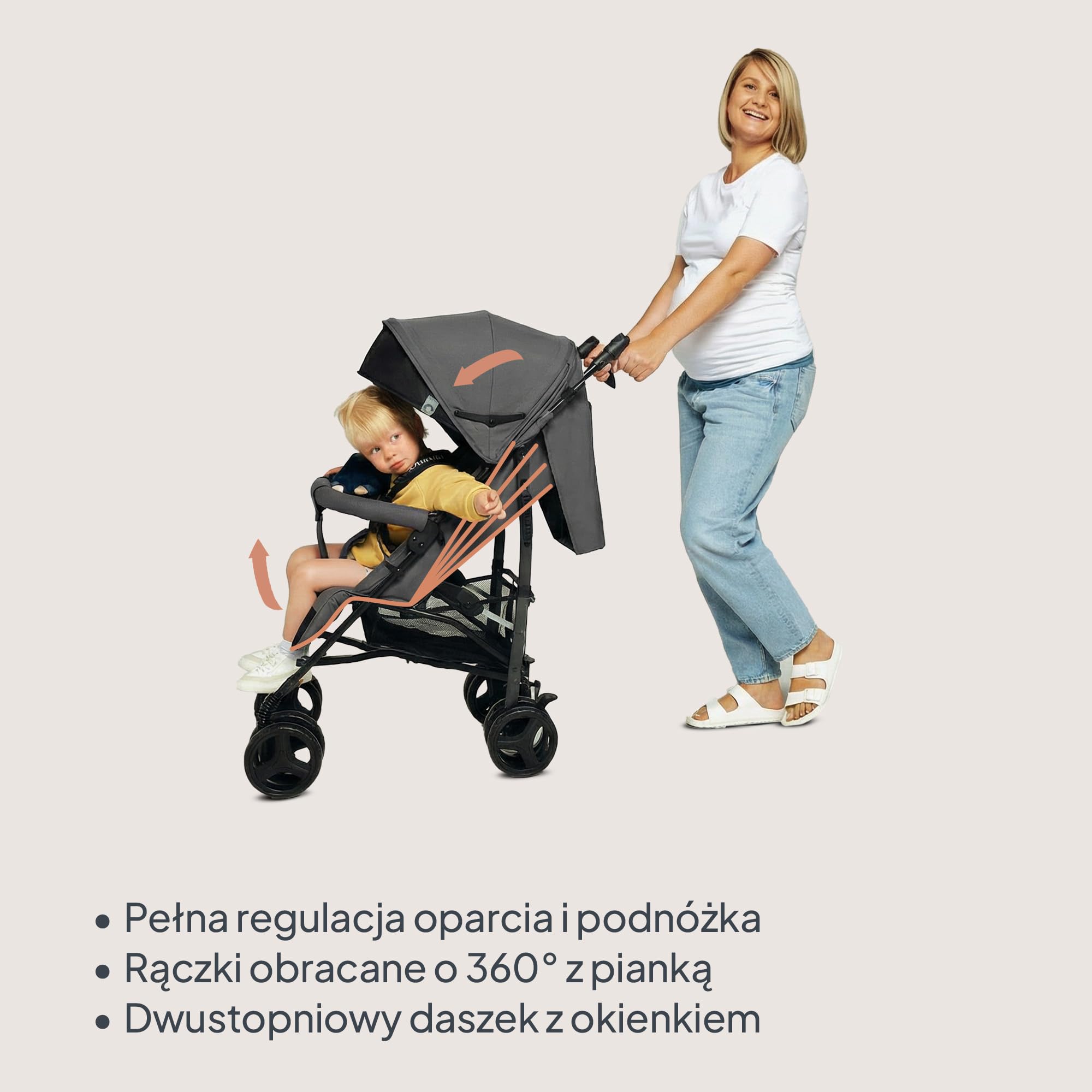 Lionelo Irma Wózek dziecięcy od 6 miesięcy, lekki 7 kg, pozycja leżąca, składany, z systemem składania jedną ręką, koła EVA 6" z amortyzacją i hamulcem, moskitiera, do 15 kg