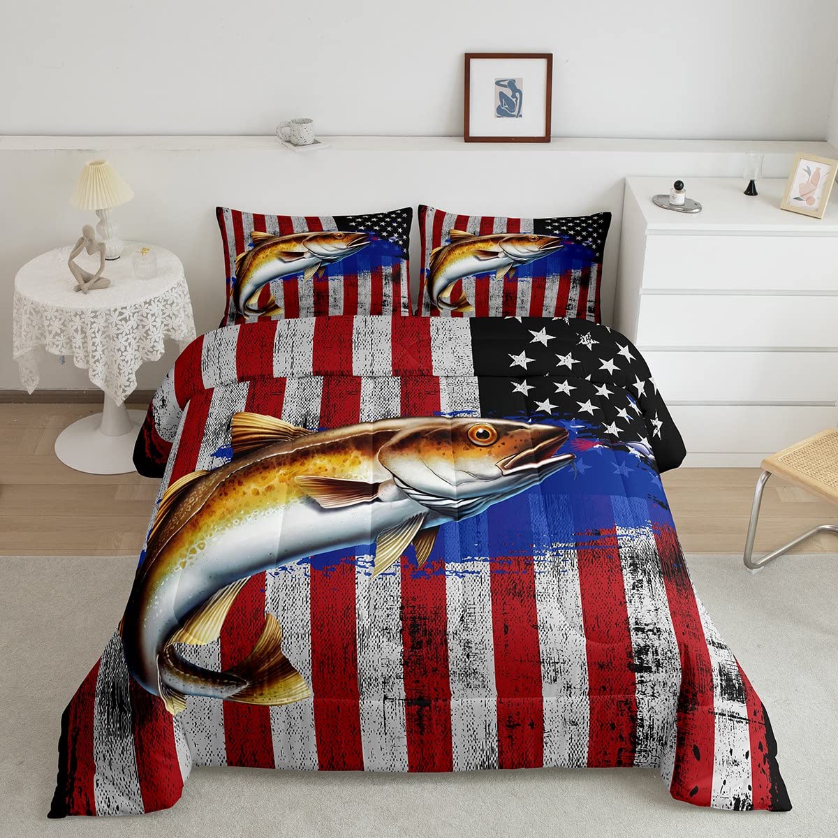 Set di biancheria da letto con bandiera americana Big Pike Fish Bass Big Fish Down Consolatore da caccia Pesca Piumino Bedding Piumino per pesci nautico Inserto/trapunta Set di pesca in mare profond