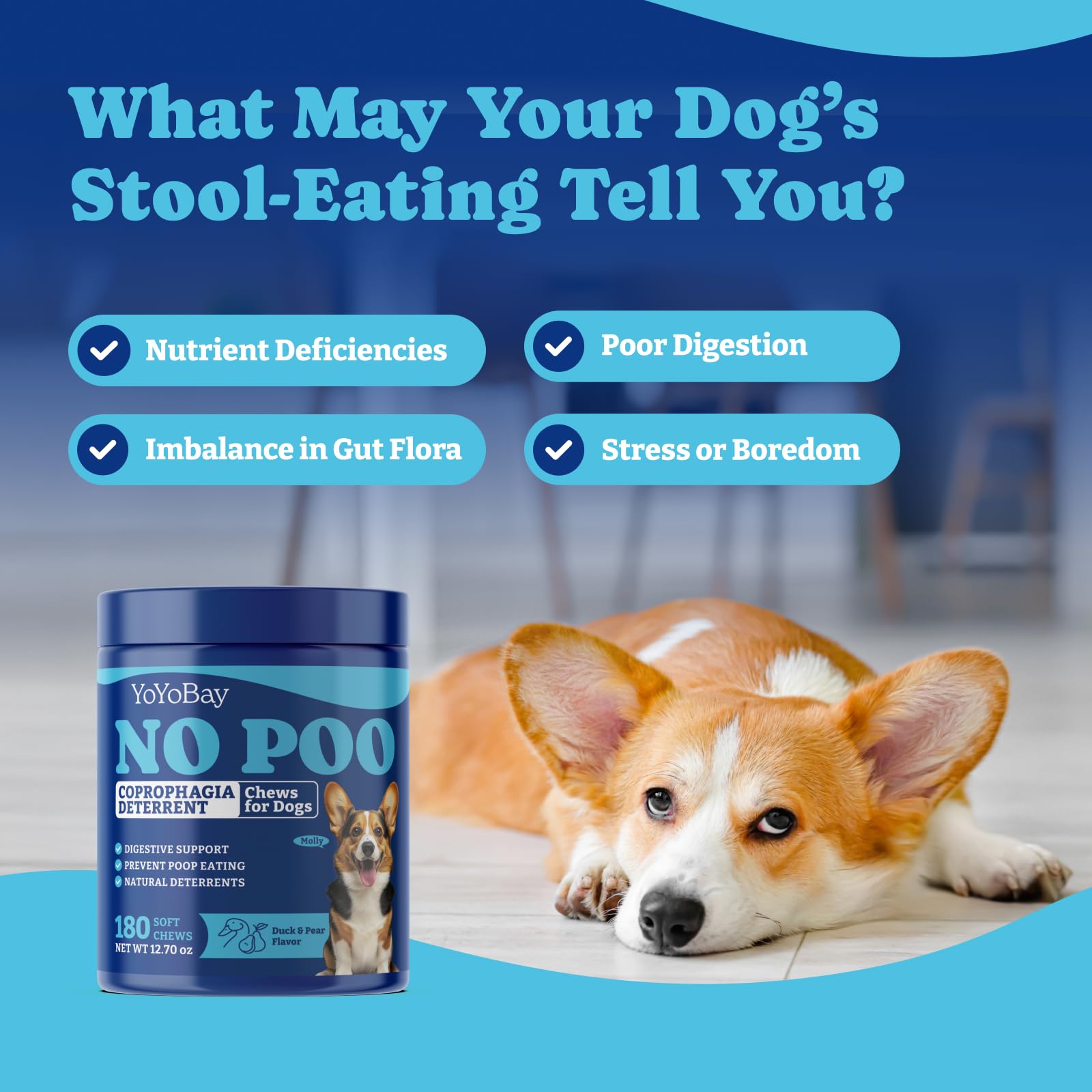 YoYoBay No Poo Chews for Dogs, Coprophagia Deterrent, Stool Eating Deterrent - with Probiotics, Fiber Blend, Natural Deterrent - Digestive Health & Immune Support - 180 Soft Chews, Duck & Pear Flavor