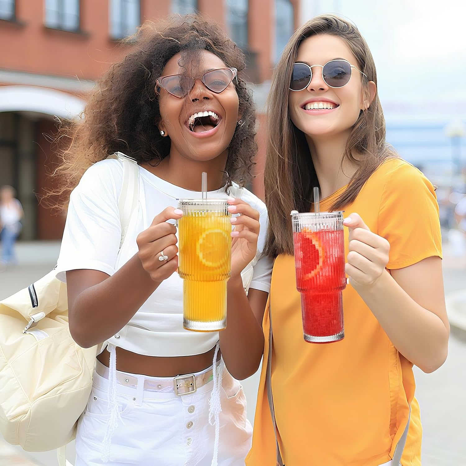 ALINK 26 oz Ribbed Glass Tumbler with Handle Lid and Straw, 2 Pack Ripple Large Iced Coffee Cups with Straws, Aesthetic Glass Travel Tumbler for Hot & Cold Beverages, Smoothies, Tea and Juice - Clear - Image 7