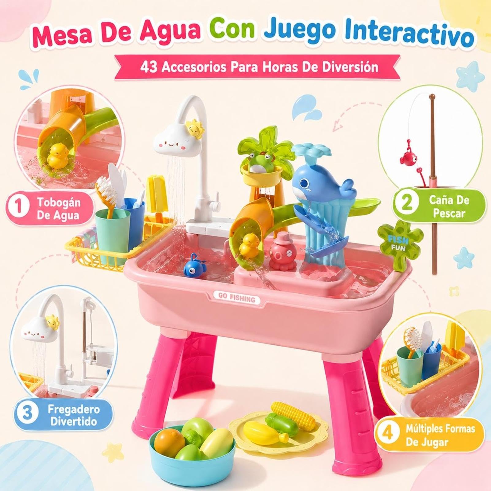 Genérico Mesa De Agua para Niños Y Niñas De 4 A 8 Años - Fregadero De Juego con Bomba | Incluye Tobogán, Pesca 43 Accesorios | Gracioso para Piscina Exterior Y Verano