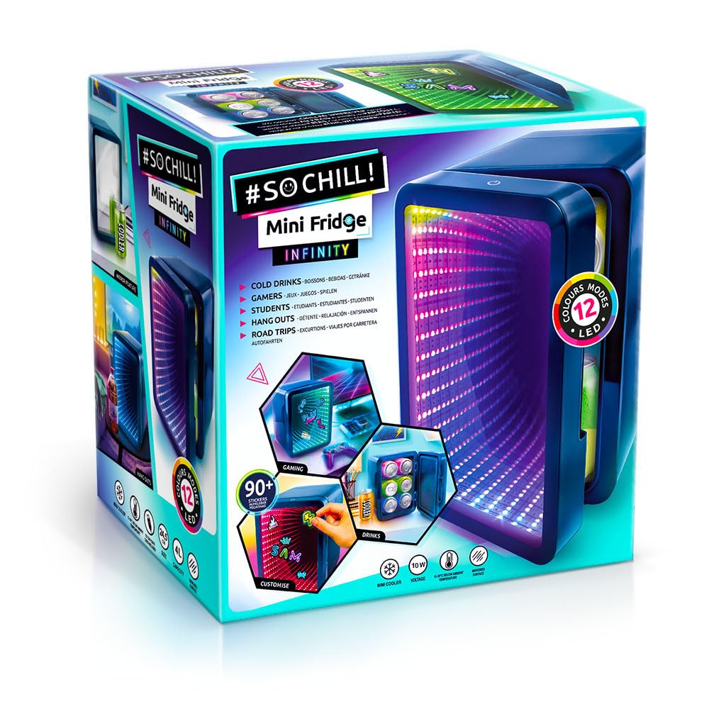 So Chill Mini Lodówka Efekt nieskończoności, gracze, studenci, dom/wycieczki samochodowe/Hangouts + więcej, zasilanie USB, naklejki w zestawie, puszki 4 l/6, lustrzane drzwi z efektem nieskończoności