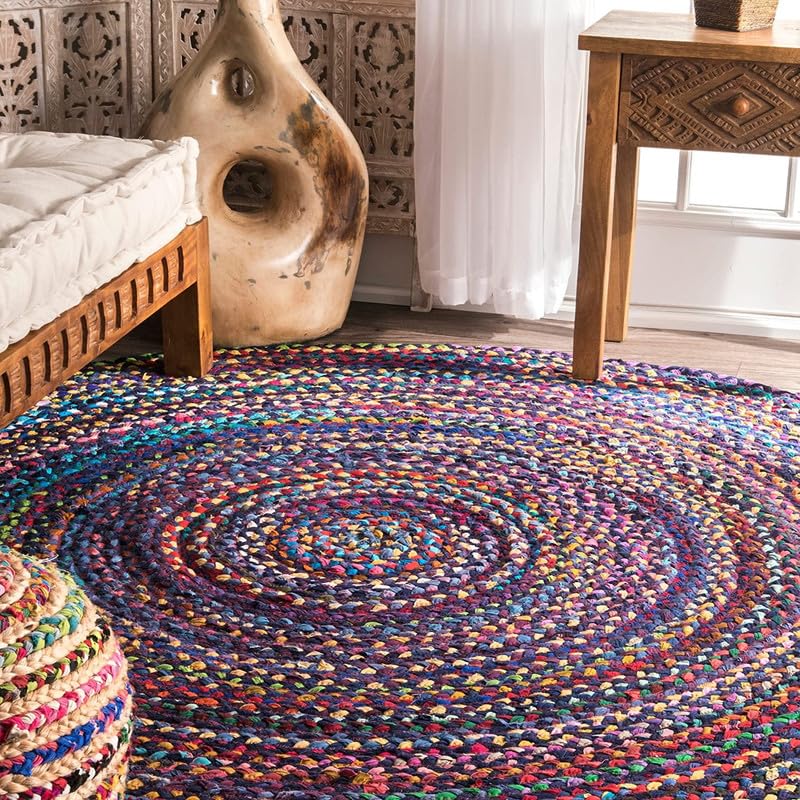 Tapis rond en coton tissé à la main, durable et respectueux des animaux domestiques pour salon, salle à manger et chambre à coucher 1,2 m Bleu