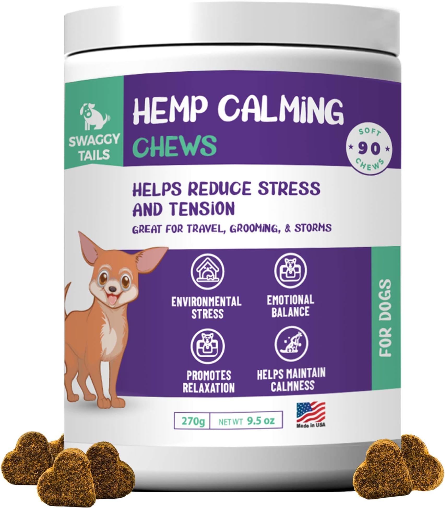 SWAGGY TAILS Hemp Dog Calming Chews - 90 Soft Dog Anxiety Relief Chews with Melatonin, Ginger, for Storms, Grooming - Premium Pet Supplement for Dogs, Puppies