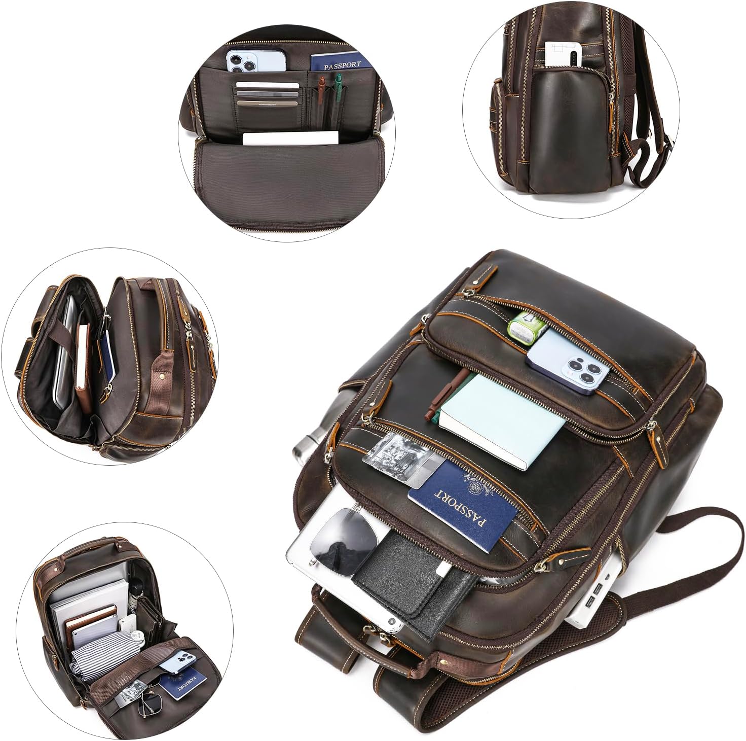 LANNSYNE Vintage Mens Full Grain Leather Backpack Fits 17.3 Inch Laptop, Large Casual Rucksack Shoulder Bag For Travel/Camping/Hiking-Brown - Image 4