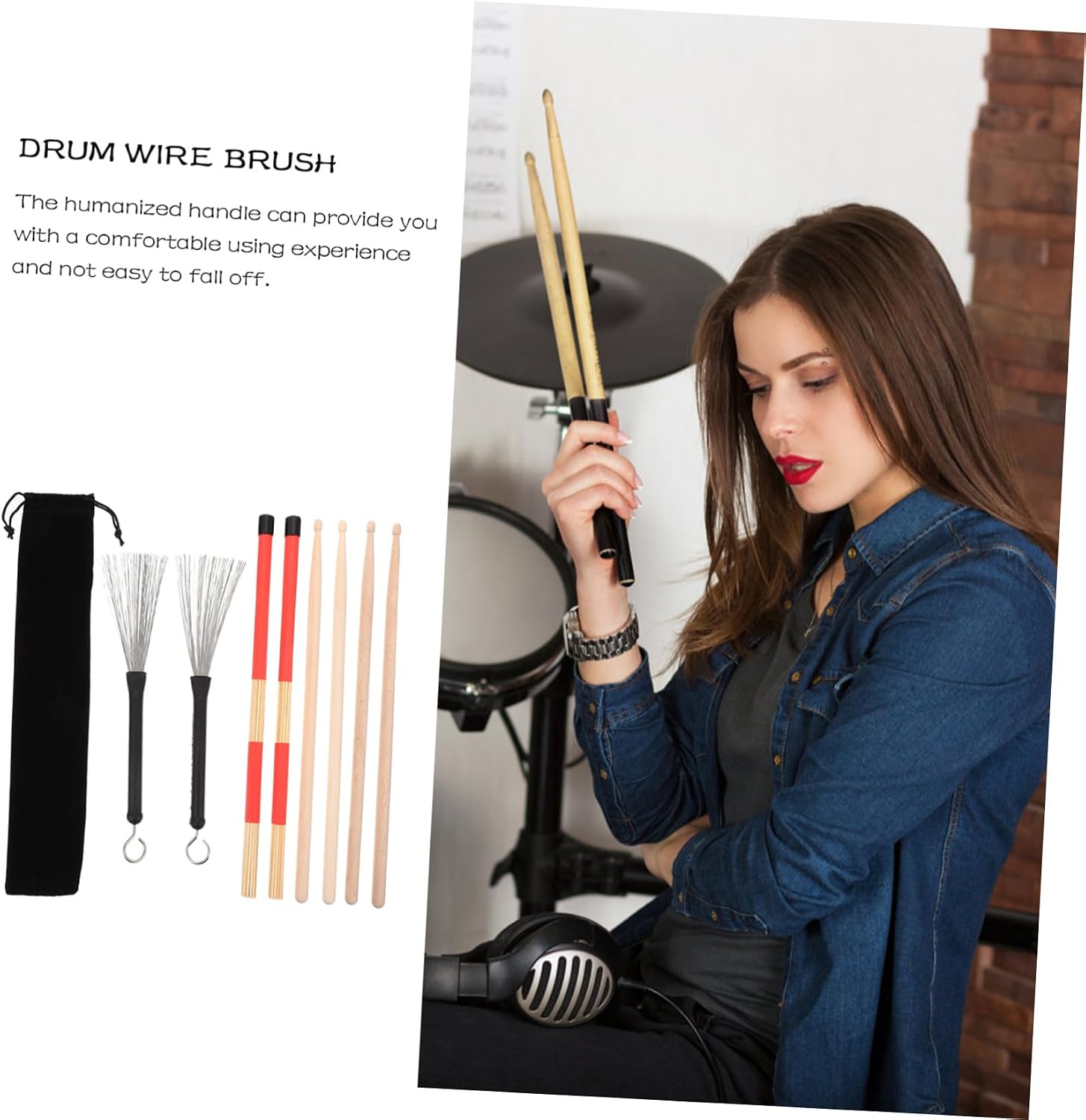 1 Set Drum Brush Set with Sticks and Storage Bag for Beginner Practice and Drummer Playing Durable Design Jazz Percussion Brushes for Drums Kit