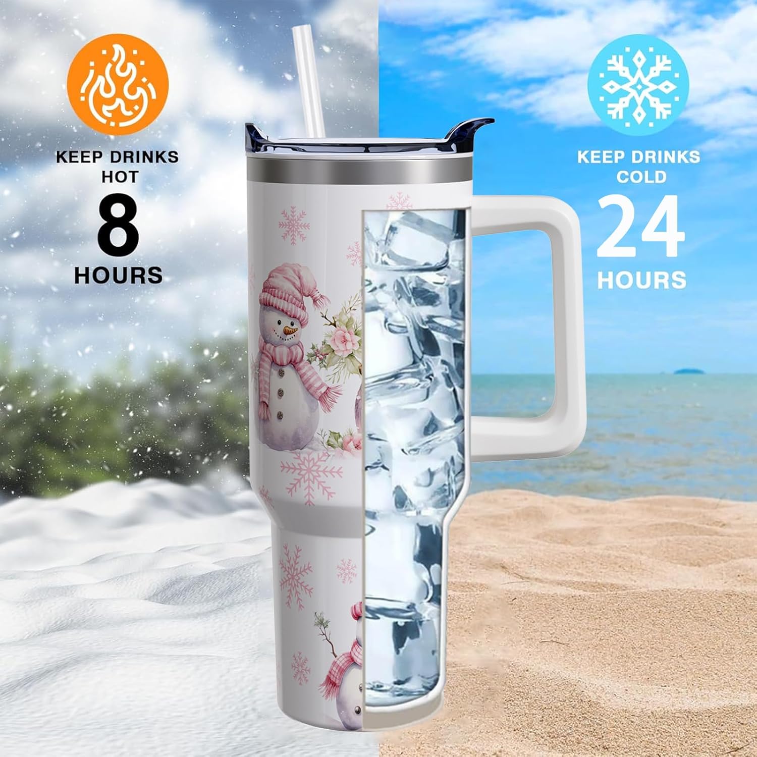 Christmas White Snowman Gifts for Women Men, Xmas Stainless Steel Insulated Travel Coffee Cup, 40 Oz Tumbler with Handle and Straw, Winter Holiday Water Bottle (1 PC) - Image 3