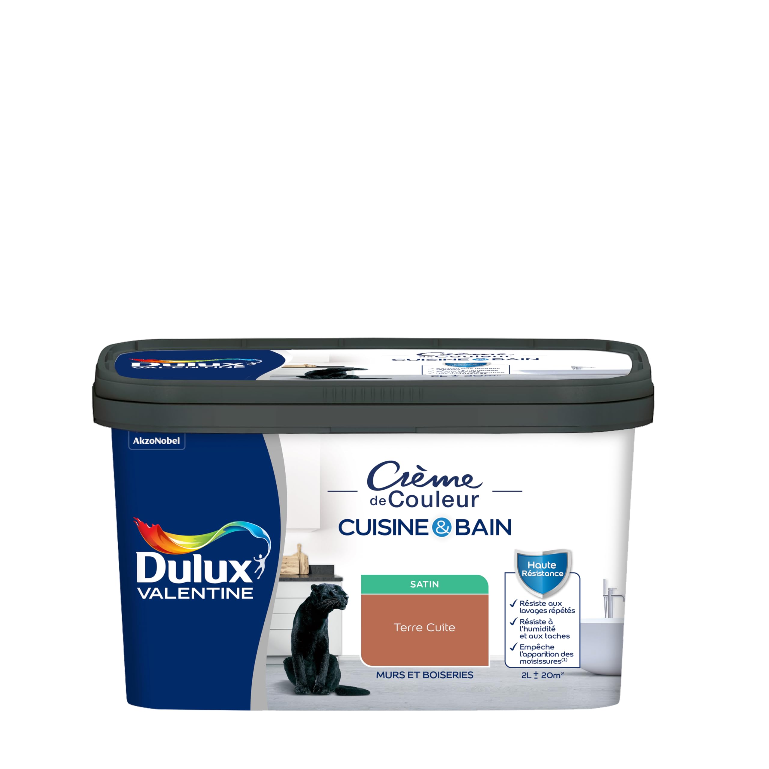 Dulux Valentine Peinture Intérieure Crème de Couleur Cuisine et Salle de Bain - Pièces Humides Murs et Boiseries - Résistant aux taches et à l'humidité - Satin Terre Cuite 2 L