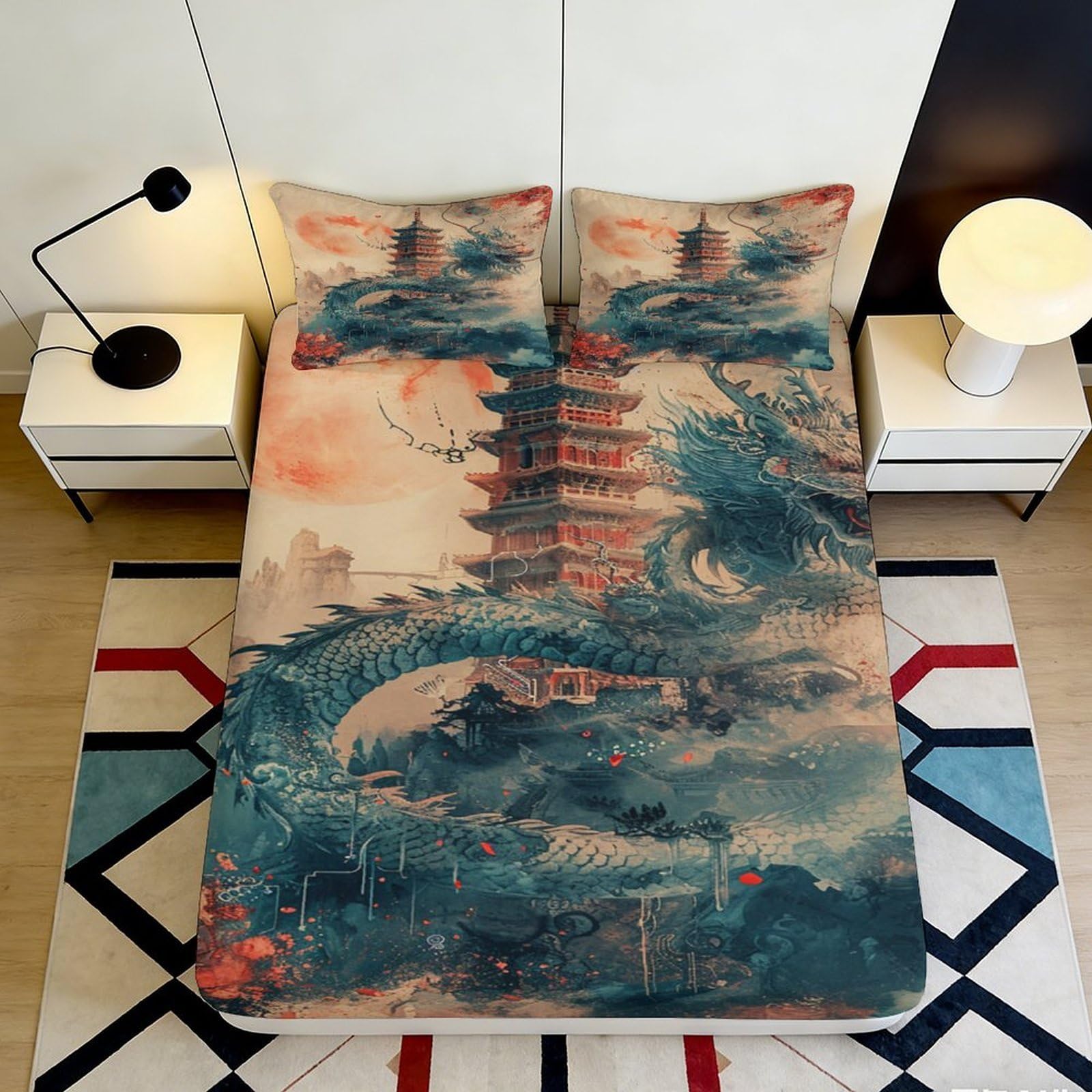 3D Printed Oriental Dragon Pagoda Fitted Sheet Microfiber Soft Breathable Ancient Temple Bed Cover for Bedroom Dorm Decor 160x200x25cm