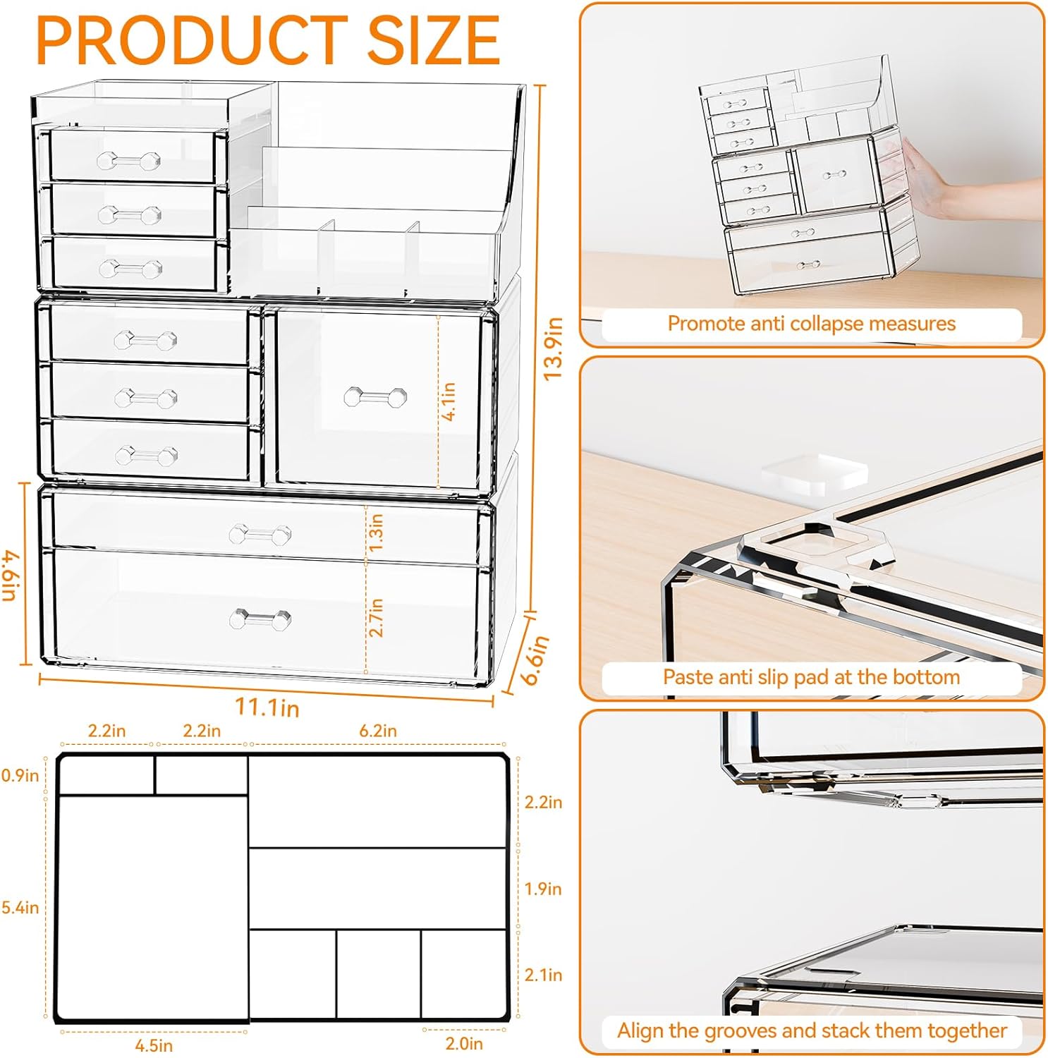 Yieach 3 Pack Clear Makeup Organizer Countertop for Dresser,Vanity and Bathroom Counter Organizer,Tiered Stackable Makeup Acrylic Organizers with 9 Drawer for Skincare,Brush and Make up Holders