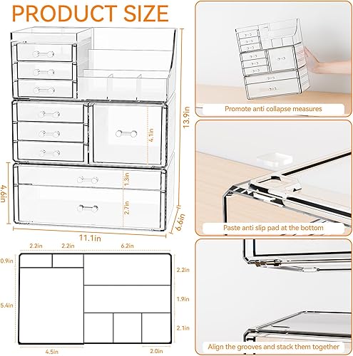Miniatura 3 de Yieach Paquete de 3 organizadores de maquillaje transparentes escalonados para tocador, dormitorio, tocador acrílico grande, organizador de encimera
