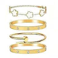 Womens Stackable Floral Gold Bracelets - 4Pcs 18K Gold Plated Bracelet,Stainless Steel Bangle Bracelets Non Tarnish,Gold Bracelet Set Fashion Jewelry,Valentines Birthday Christmas Jewelry Gifts