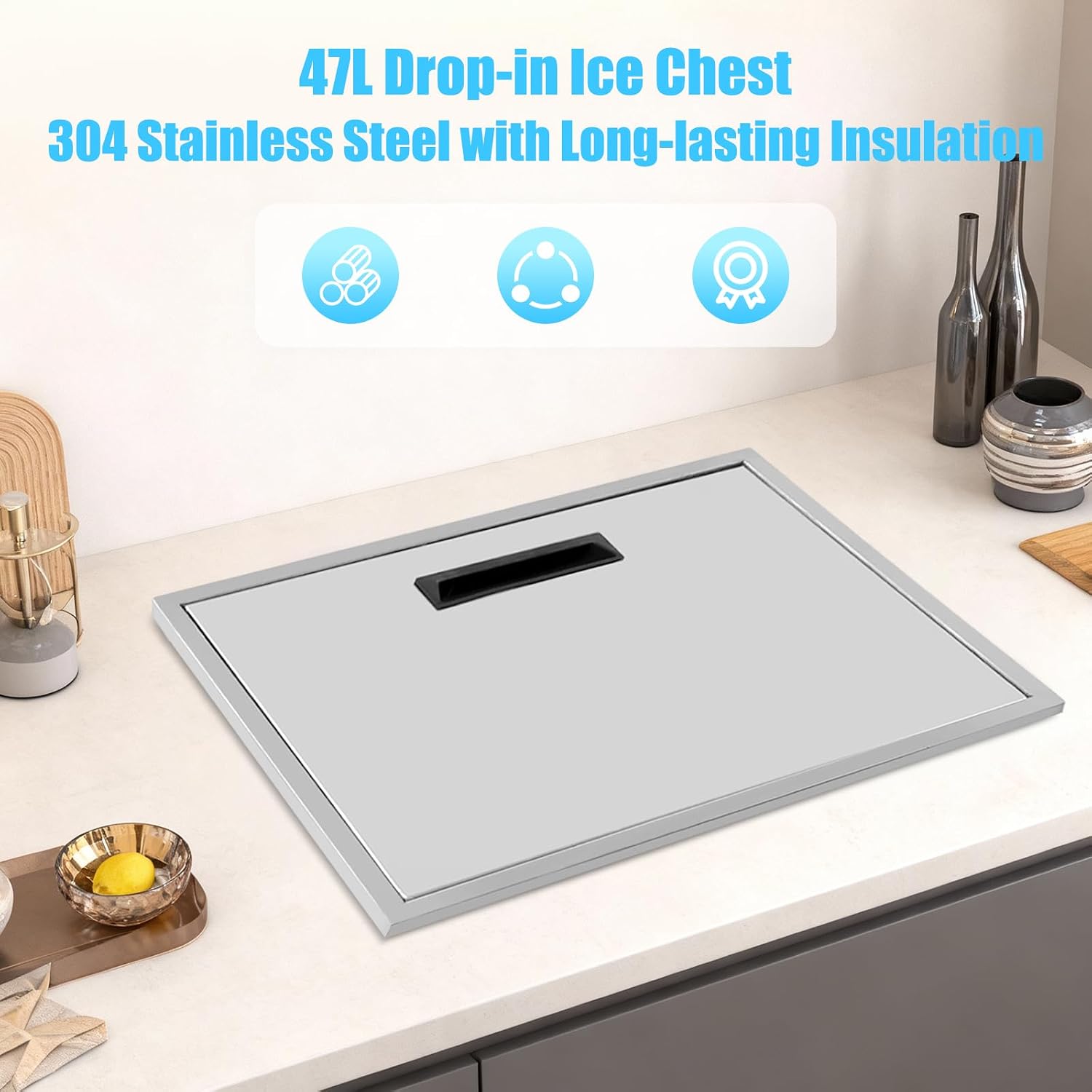 Bacocoo 22''L x 17''W x 12''H Drop in Ice Chest - Stainless Steel Insulated Cooler with Lid - 47L/49.7 Qt Ice Bin for Outdoor Parties, Bars & Kitchens, Holds Wine, Beer & Frozen Food.