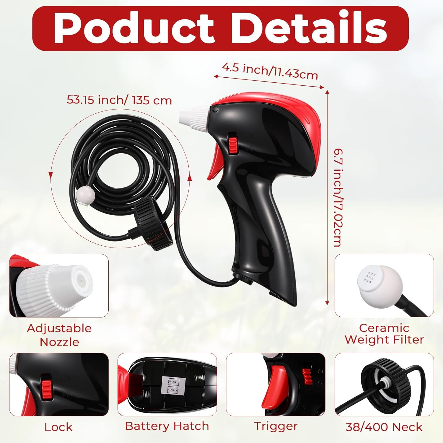 2 Pack Battery Powered Weed Sprayer,Electric Pistol Grip Sprayer with Holster& 53.15in Hose, Adjust Nozzle Fits 1 Gallon Jugs 38mm Cap for Weed Killer Spray Garden & Pest Control