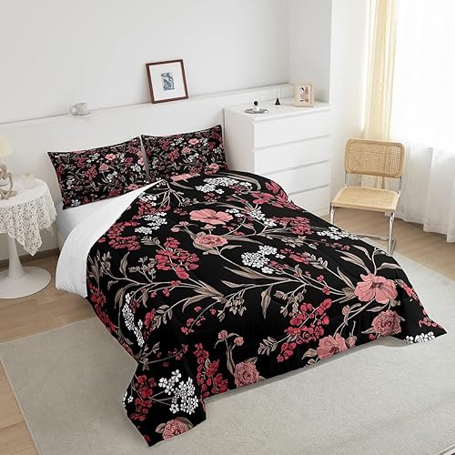 Miniatura 4 de Erosebridal Juego de edredón de flores tamaño individual, ropa de cama floral roja para el día de San Valentín para mujeres y niñas, juegos de