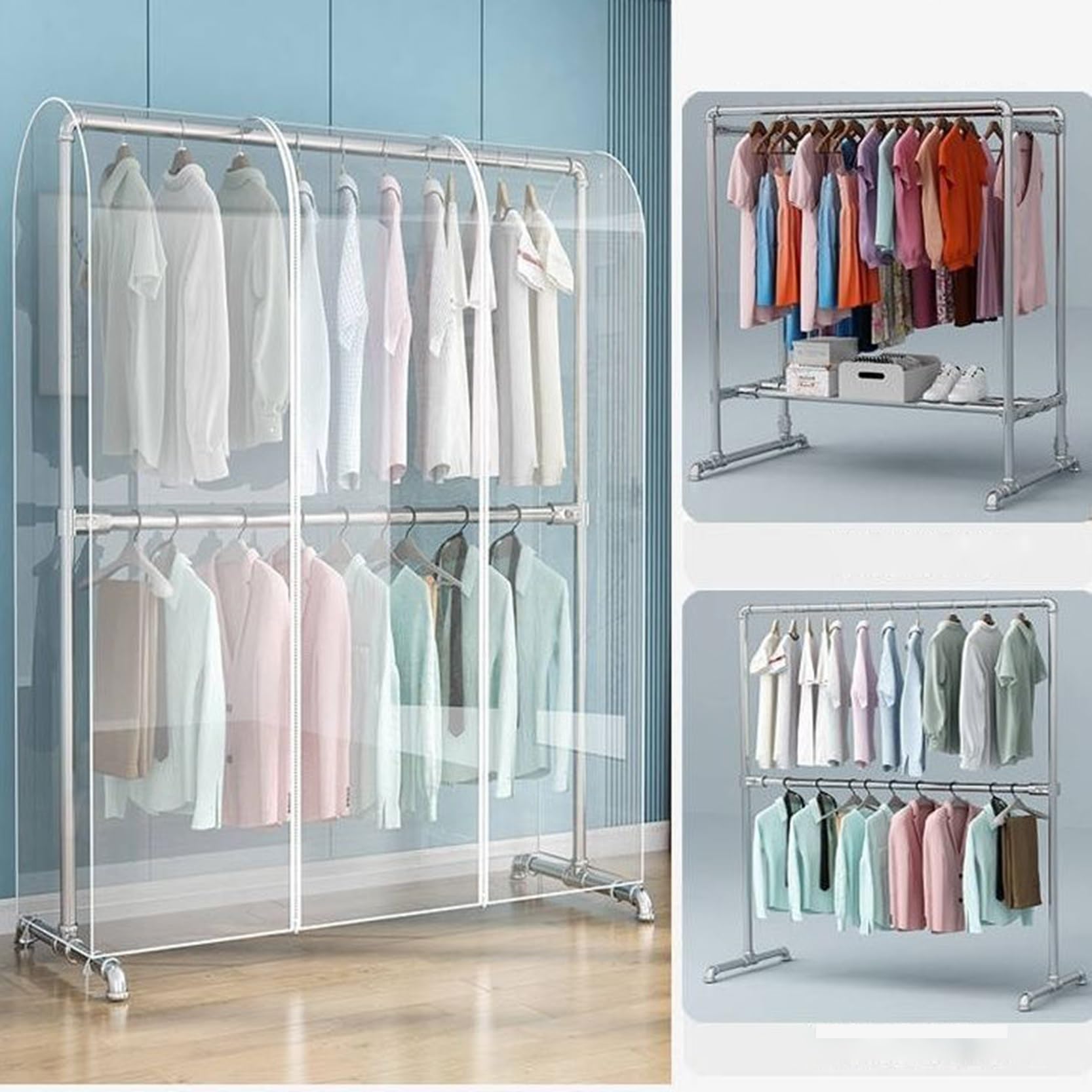 PEVA Staubdichte Kleiderstangen-Abdeckung, wasserdicht, transparent, Kleiderstangenschutz mit Reißverschluss, transparenter Schutzbezug mit Reißverschluss zum Aufhängen von Kleidung