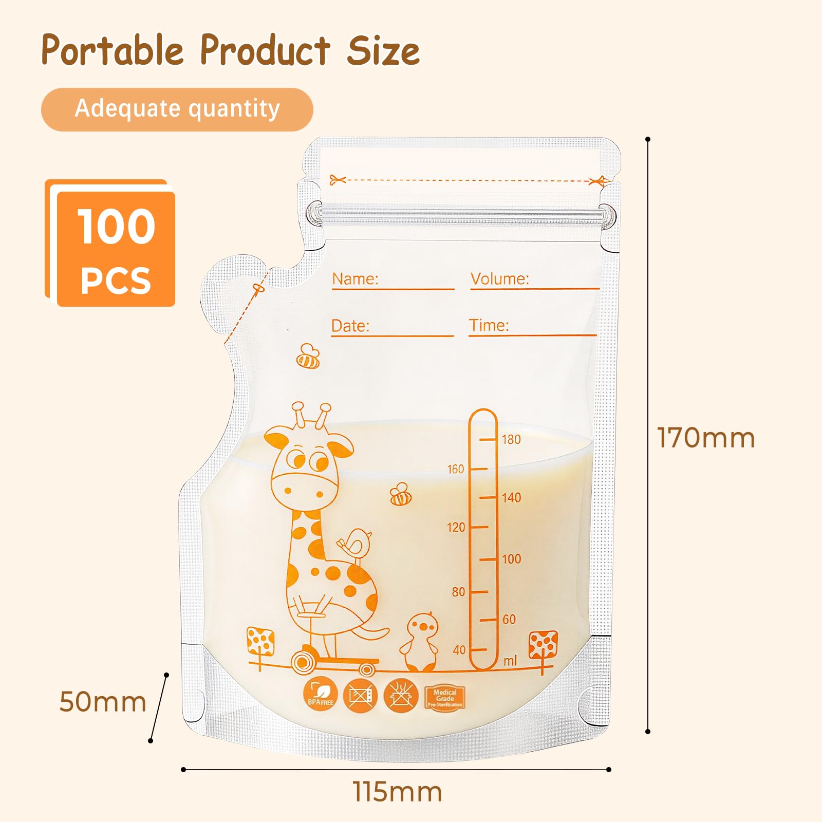 Vinabo Sachet Conservation Lait Maternelle, 100 PCS Sac Congelation Lait Maternel, 180ml Conservation Lait Maternel Pré-stérilisés, Sachet Lait Maternel Double Glissière de Sécurité