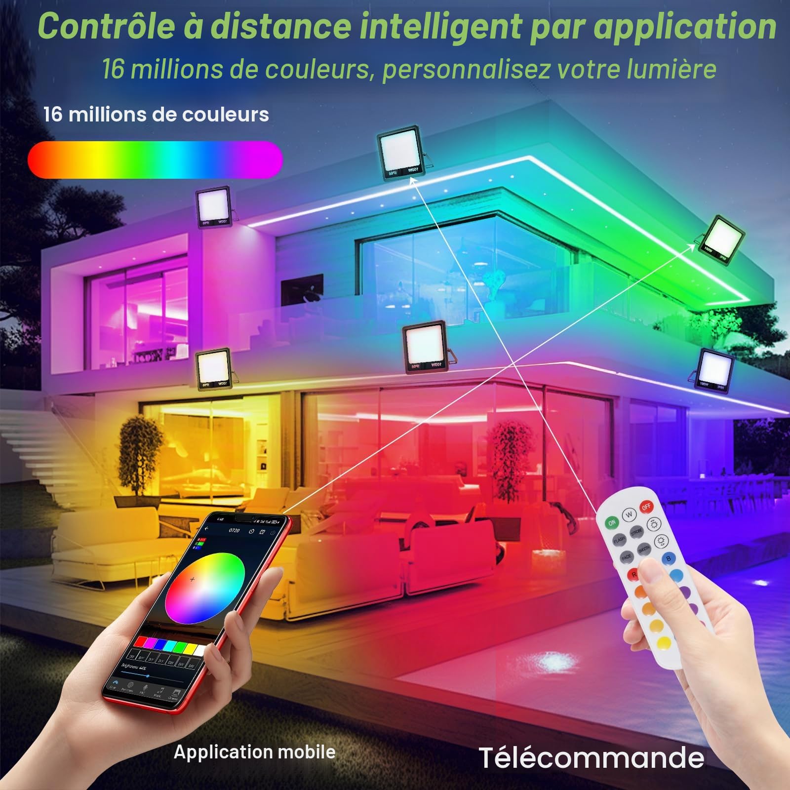 50W Projecteur LED RGB, Projecteur LED Couleur Extérieur Avec APP Bluetooth et 2.4G Télécommande, IP66 Étanche Spot de Couleur, pour Jardin,Fête,Halloween,Luminaires Extérieur(2PC)