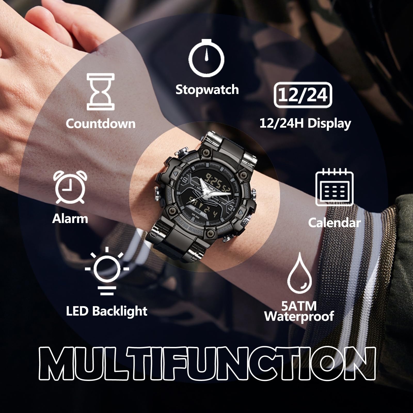 findtime Relojes digitales militares para hombre, reloj deportivo resistente al agua, esfera grande, retroiluminación LED, reloj de pulsera de 8 colores, cronómetro, alarma, reloj electrónico táctico