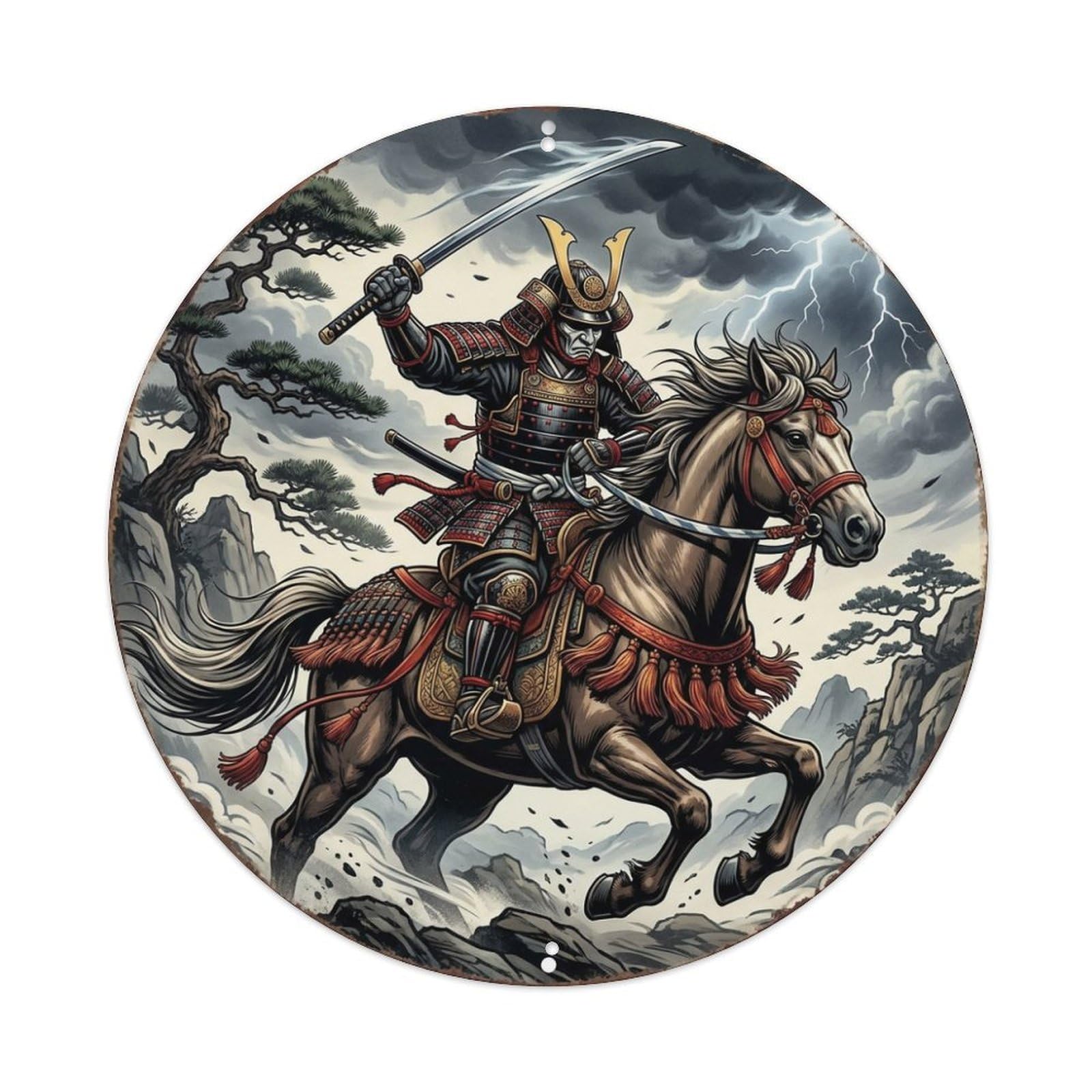 Cwbufd Vintage Style Mounted Cavalry Warrior Japanese Round Metal Art Vintage Metal Tin Sign Plaque Wall Decor For Cafe, Club Bar, Office, Garden Metal Poster 8X8inch