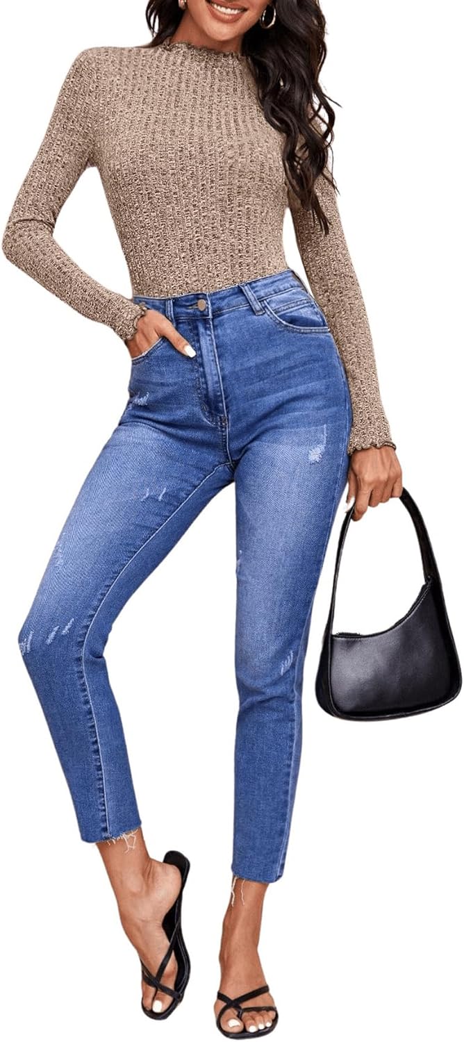 WDIRARA Women's Lettuce Trim Ribbed Knit Tee Top Mock Neck Long Sleeve Bodysuit - Image 4