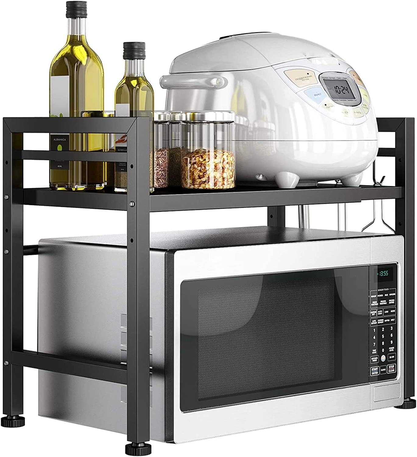 GOI Microwave Shelf Stand, Expandable Microwave Oven Rack Storage Solution Organiser Stand Utensil Holder Adjustable Width & Height Kitchen Stand Counter Shelf with 3 Hooks (Black 1-Tier)