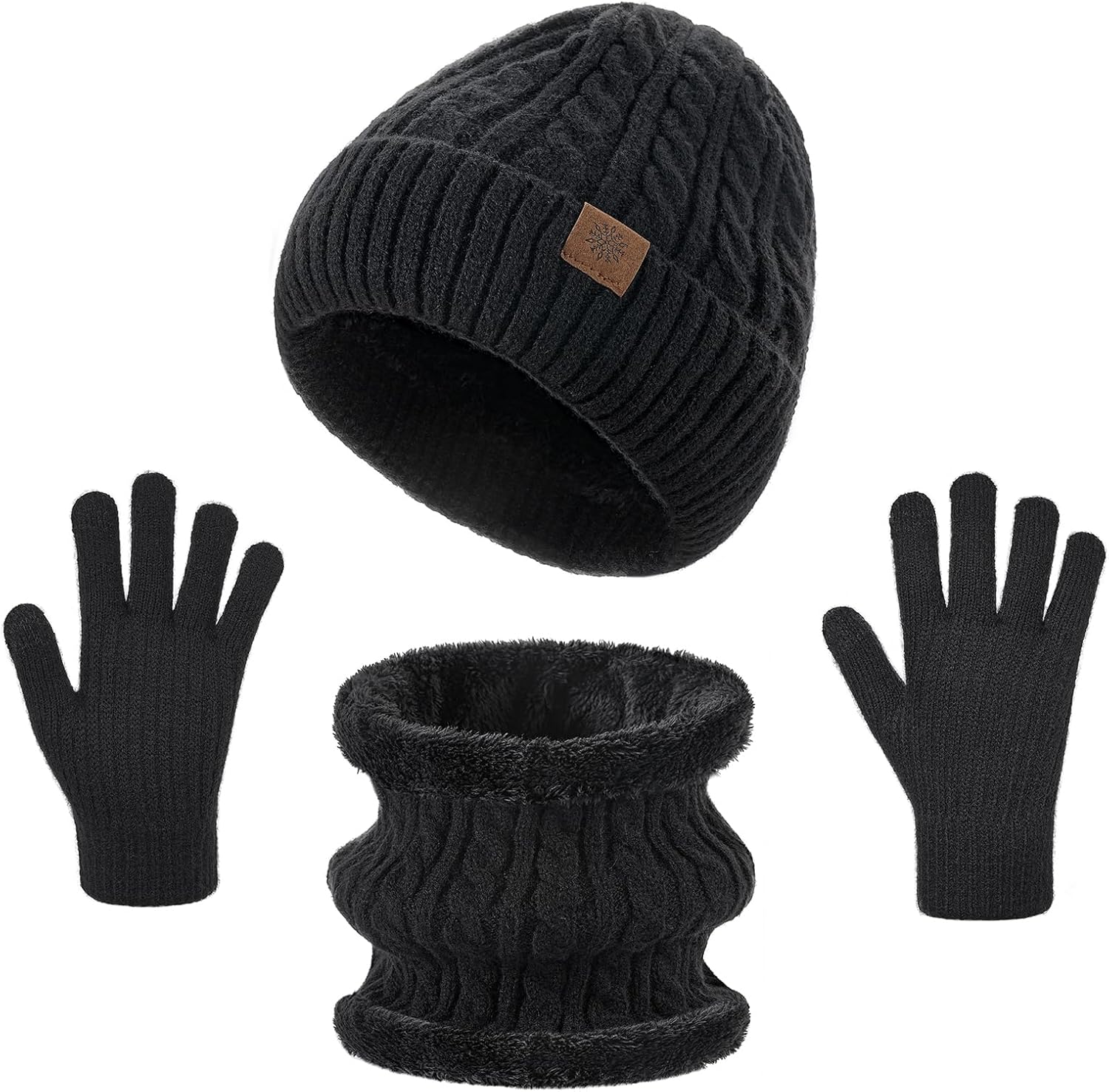 Kids Hat and Gloves Set – Winter Scarf Beanie Hat Kids Gloves Touchscreen, 3 Pcs Neck Warmer Scarf Black Stain-Resistant Set for Boys Girl