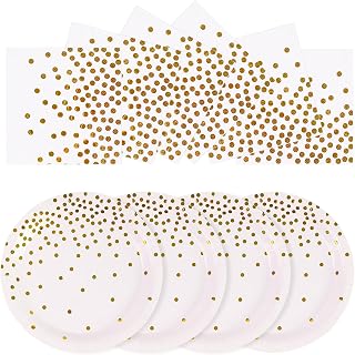 50PCS White and Gold Dinner Plates and Napkins Party Supplie,25 x 7 White Gold Foil Decorations Dessert Plates and 25 x 6.5 Napkins for Birthdays New Year Weddings Graduations