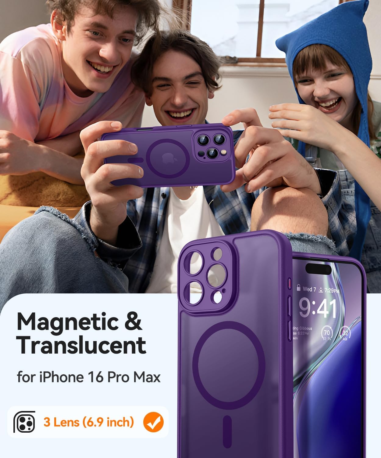 canshn magnetic compatible with iphone 16 pro max case, upgraded [full camera protection] [compatible with magsafe] [translucent matte] shockproof protective phone case cover 6.9 inch - deep purple iphone 16 pro max (6.9 inch,3 lens) deep purple