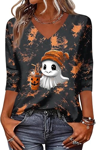 Womens Halloween Shirts 3/4 Sleeve V Neck Spooky Season Tshirt Spider Spooky Ske