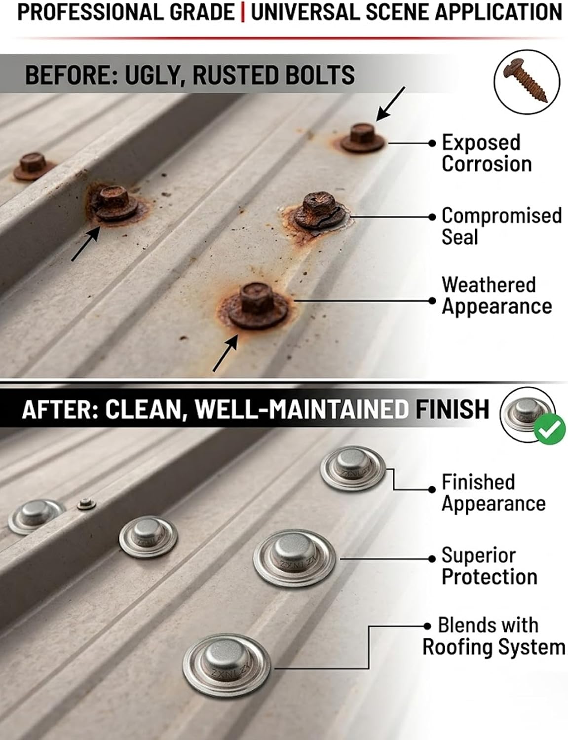 Metal Roof Bolt Caps, No Screw Removal Seals Over Existing Screws Heads Required Watertight Seal for Metal Roofing Protection Against Future Leaks Durable Aluminum Zinc for Home Projects (100)