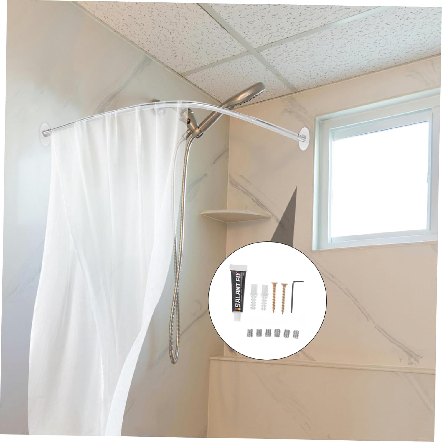 Tension Curved Shower Curtain Rod Adjustable Expandable Telescoping Rod for Bathroom Heavy Duty Tension Rod for Clothes Shower Curtains and More No Drilling Required Fits