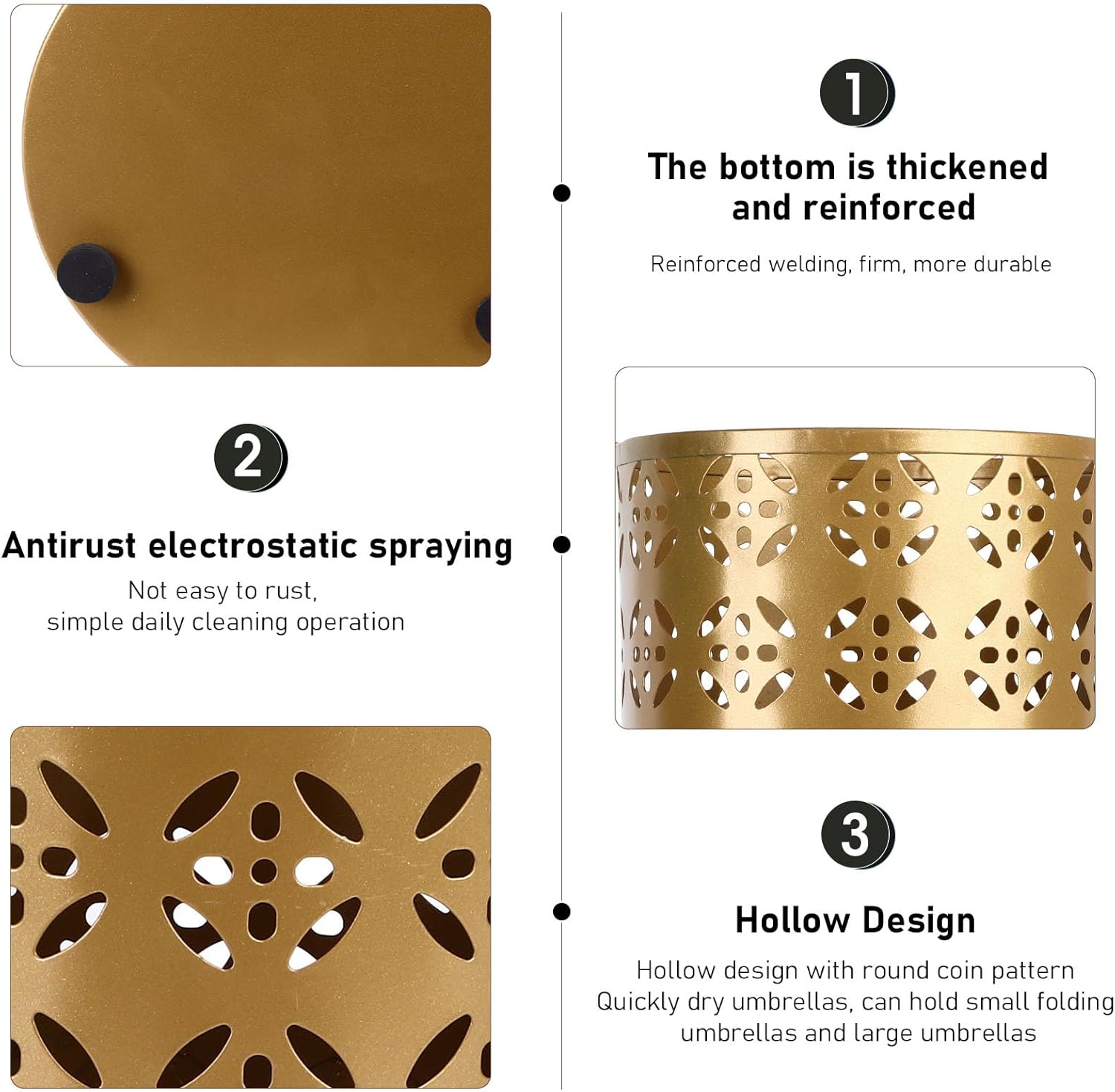 Fockety Metal Umbrella Holder, Round Proof Umbrella Storage Organizer Hollow Copper Pattern Umbrella Organizer Bin Umbrella Stand Rack for Home Entryway Hotel Office Decor (L