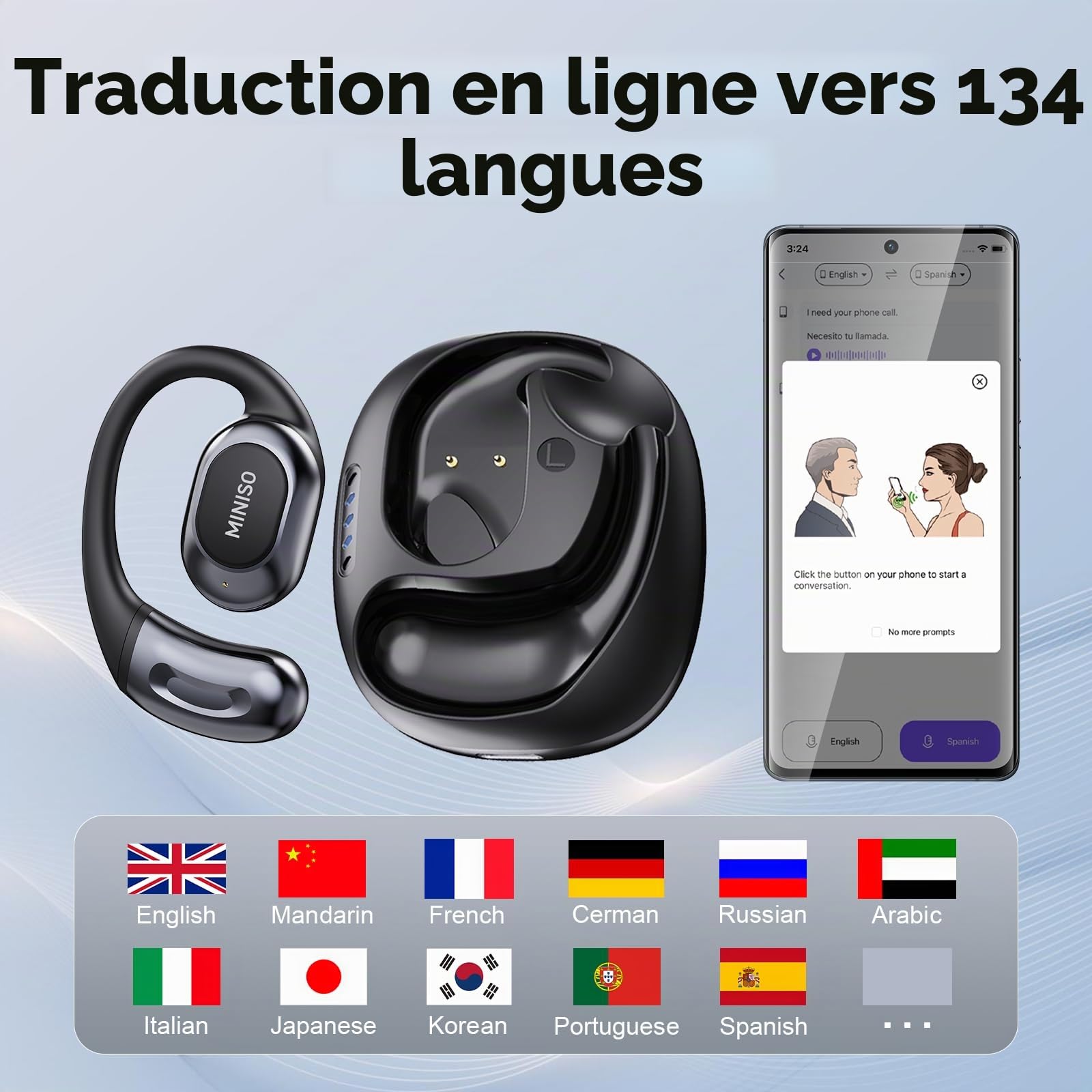 MINISO MS156 AI Ecouteur Traducteur, Ecouteur Traducteur Instantané 3 en 1 en Temps Réel avec Fonction de Traduction IA, Traducteur 134 Langues Écouteurs pour Affaires, Voyages et études