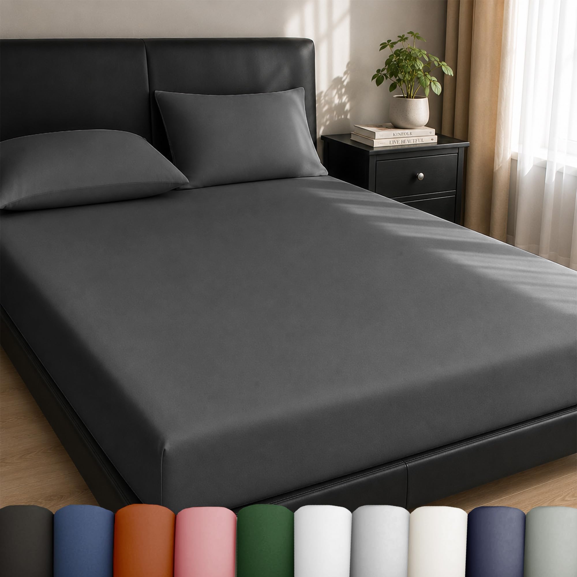 Plain Dye Fitted Sheet 25cms Pocket Soft Brushed Microfibre Fabric Mattress Bottom Bed Sheets (Black, Single 2 Pack)