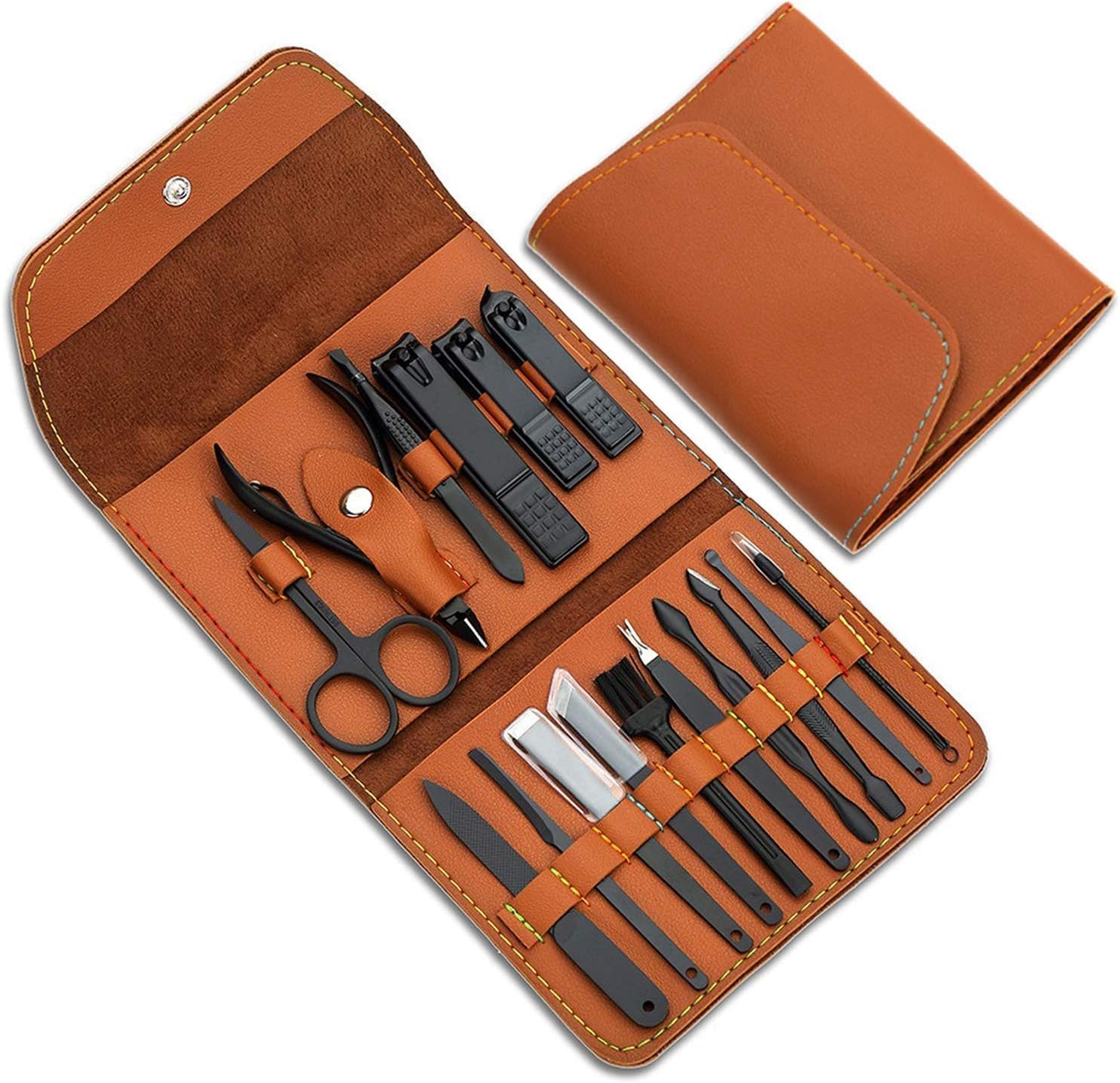 SYOSI Gifts for Men/Women, Stainless Steel Manicure Set with PU leather case, Personal care tool (brown)