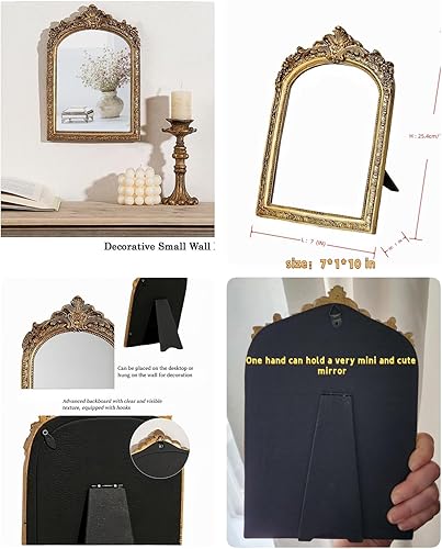 Miniatura 5 de Espejo de pared decorativo antiguo dorado pequeño para escritorio, espejo de mesa de arco tallado de resina con soporte para sala de estar,