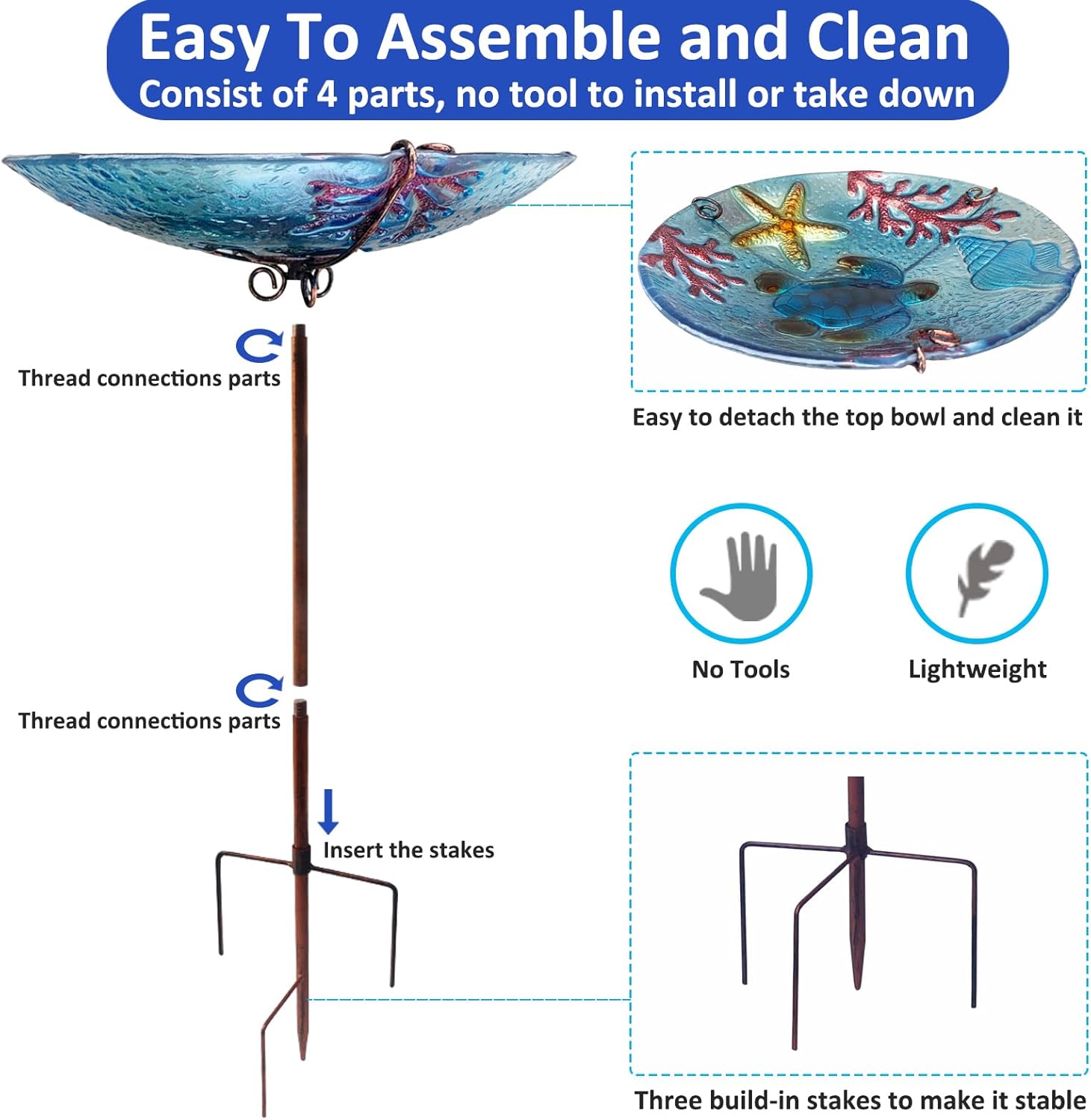 Bird Bath, Sea Turtle Glass Bird Bath for Outside, Birdbaths for Outdoors Bird Feeders with Metal Stake, Turtle Bird Bath Outdoor Décorations, Standing Small Birdbath Bowl for Outside-Sea Turtle Blue