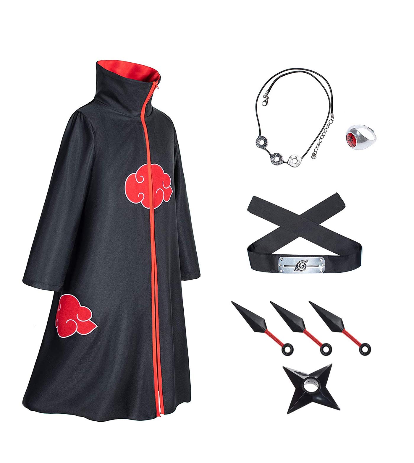 VF 9 Piece Set Anime Naruto Akatsuki Itachi Cosplay Costume, Uchiha Itachi Collar Cloak, Kunai Knives Weapon, Necklace, Ring, Anime Party Costume For Adults & Kids