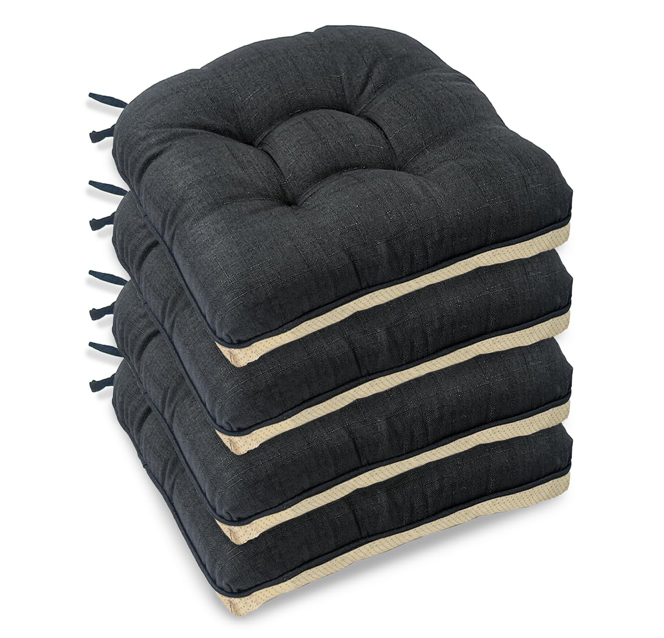 Casabella Chair pads - Dining Chairs Cushion - 4 Pc Cushions 45x45+8cm Non Slip Backing Chairpads - Tufted Seat pads With Ties - Durable & Soft Cushions for Kitchen, Garden - Black