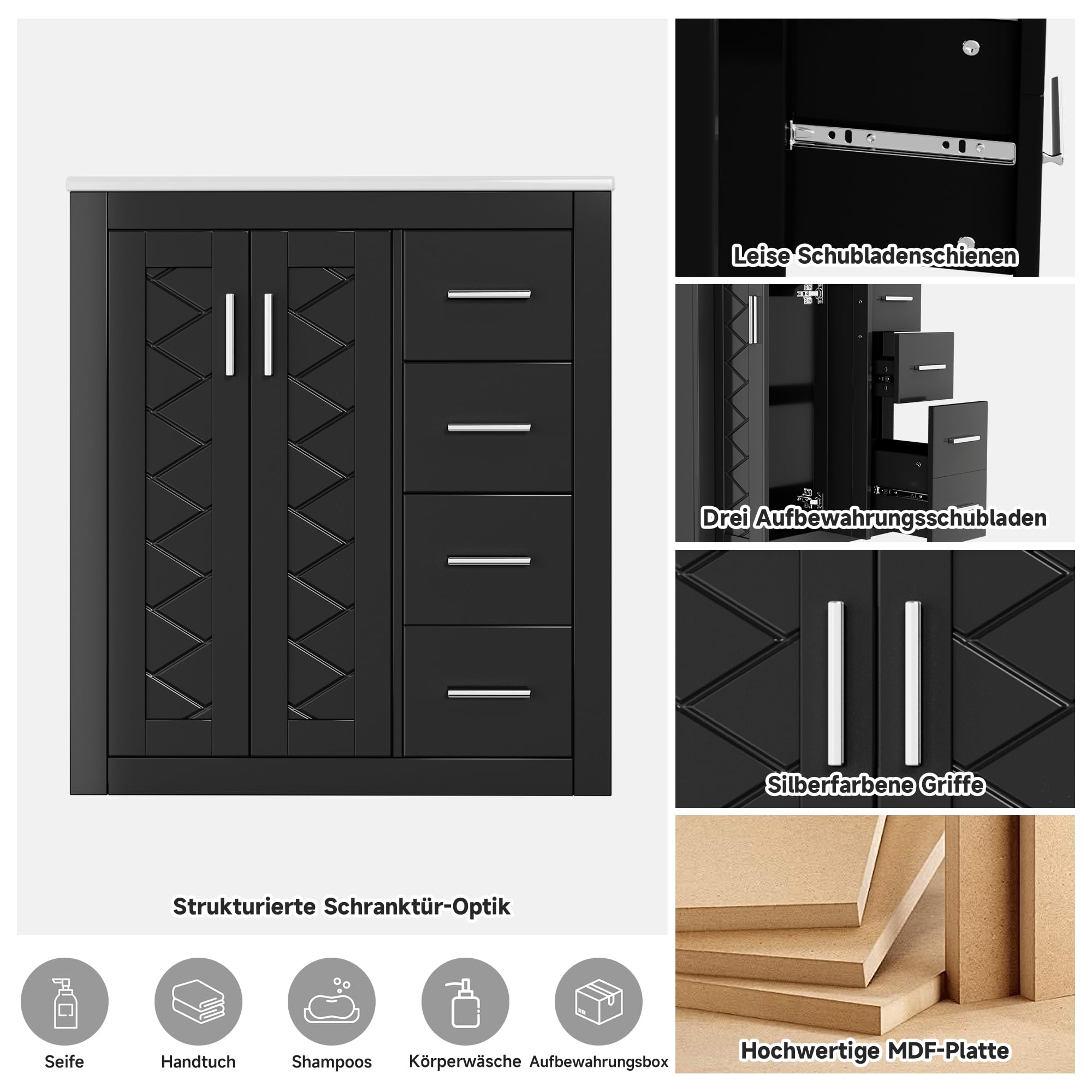 Merax Badezimmerschrank mit Waschbecken, komplett lackiert, DREI leise Schubladen + Doppeltüren, Soft-Close Scharniere für große Familien, Waschtisch, freistehend, Schwarz/76x46.5x85.5cm