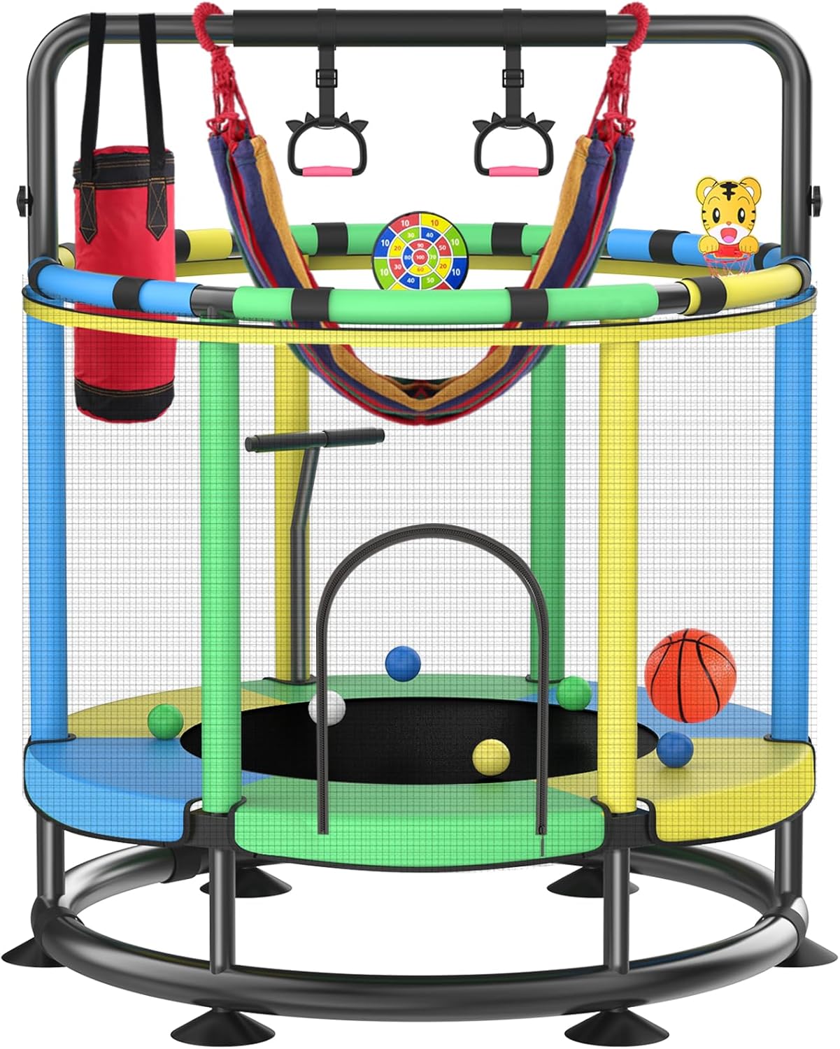 Trampoline for Kids, Full Anti-Rust 440lbs Anti-Rollover Round Bottom Toddler Trampoline, T-handrail Adjustable Baby Toddler Trampoline Basketball Dart Board Blue Green Yellow