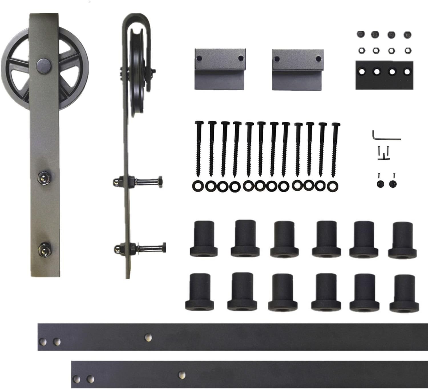 Vancleef 4-20FT Single Door Kit Sliding Barn Door Hardware, 16FT Track Black Wheel Design, Industrial Strength, Black Rustic, Interior and Exterior Use, Descriptive Installation Manual Included