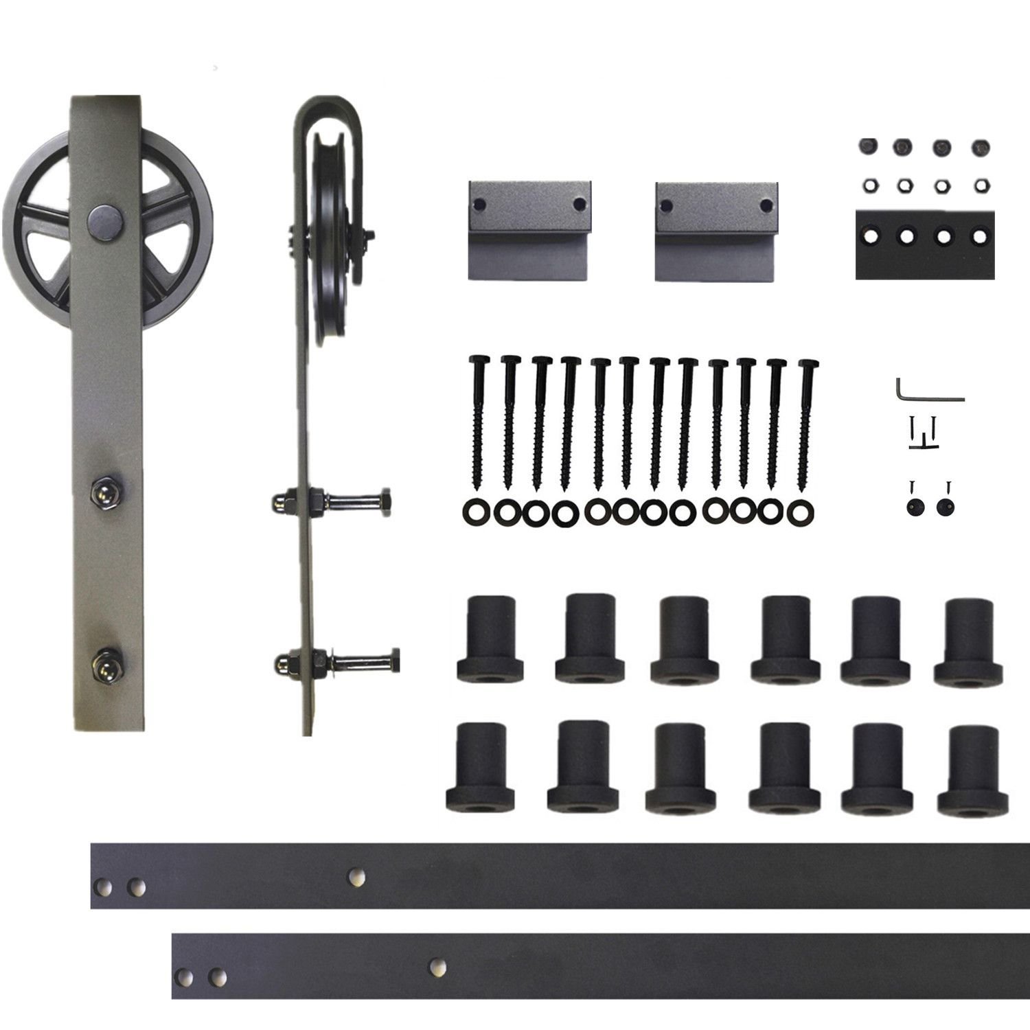 Vancleef 4-20FT Single Door Kit Sliding Barn Door Hardware, 16FT Track Black Wheel Design, Industrial Strength, Black Rustic, Interior and Exterior Use, Descriptive Installation Manual Included
