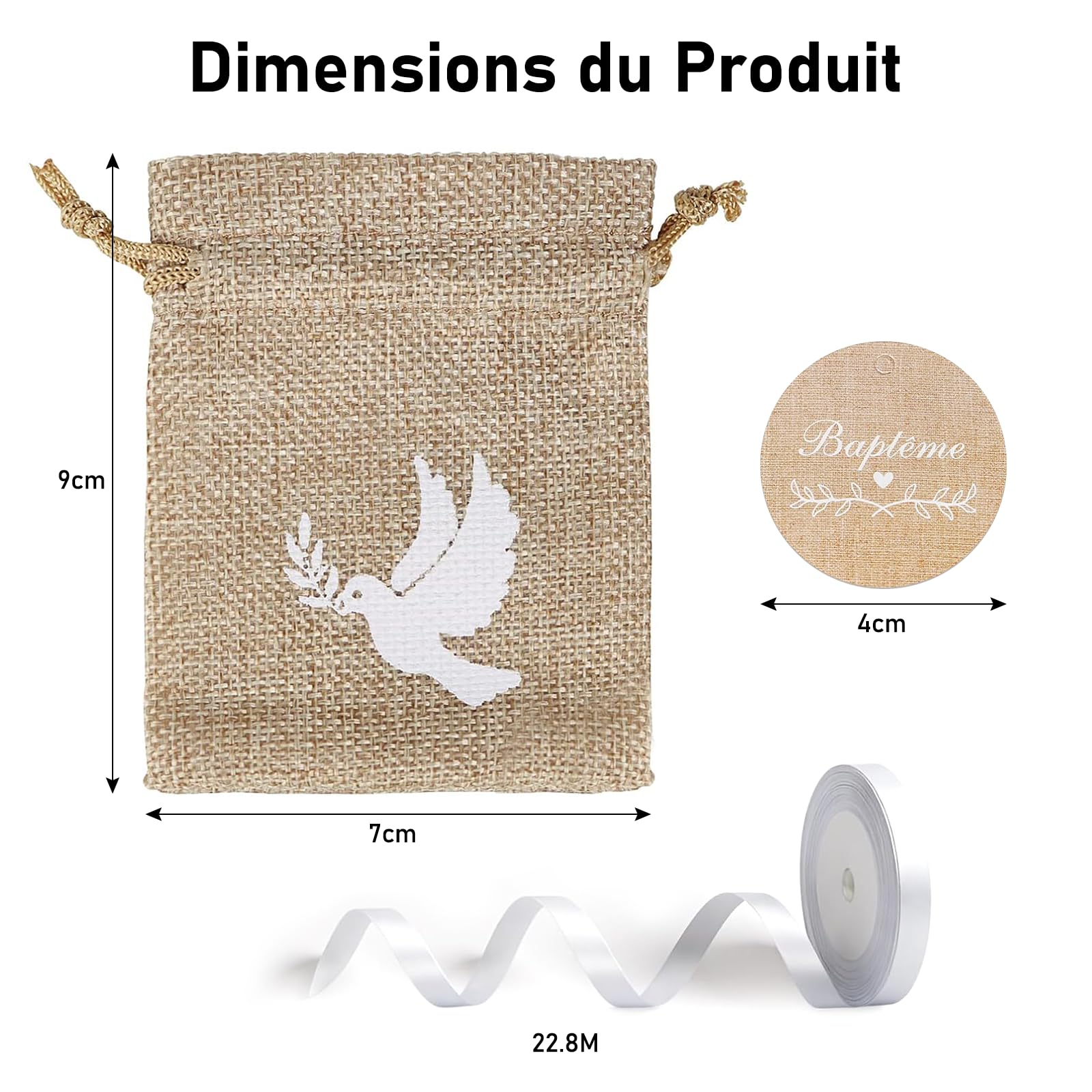 FINEVERNEK 20PCS Sachets Dragées Baptême avec Étiquettes et Ruban Blanc Pochette Dragée Motif Colombe pour Baptême, Communion, Confirmation et Décorations de Cérémonie