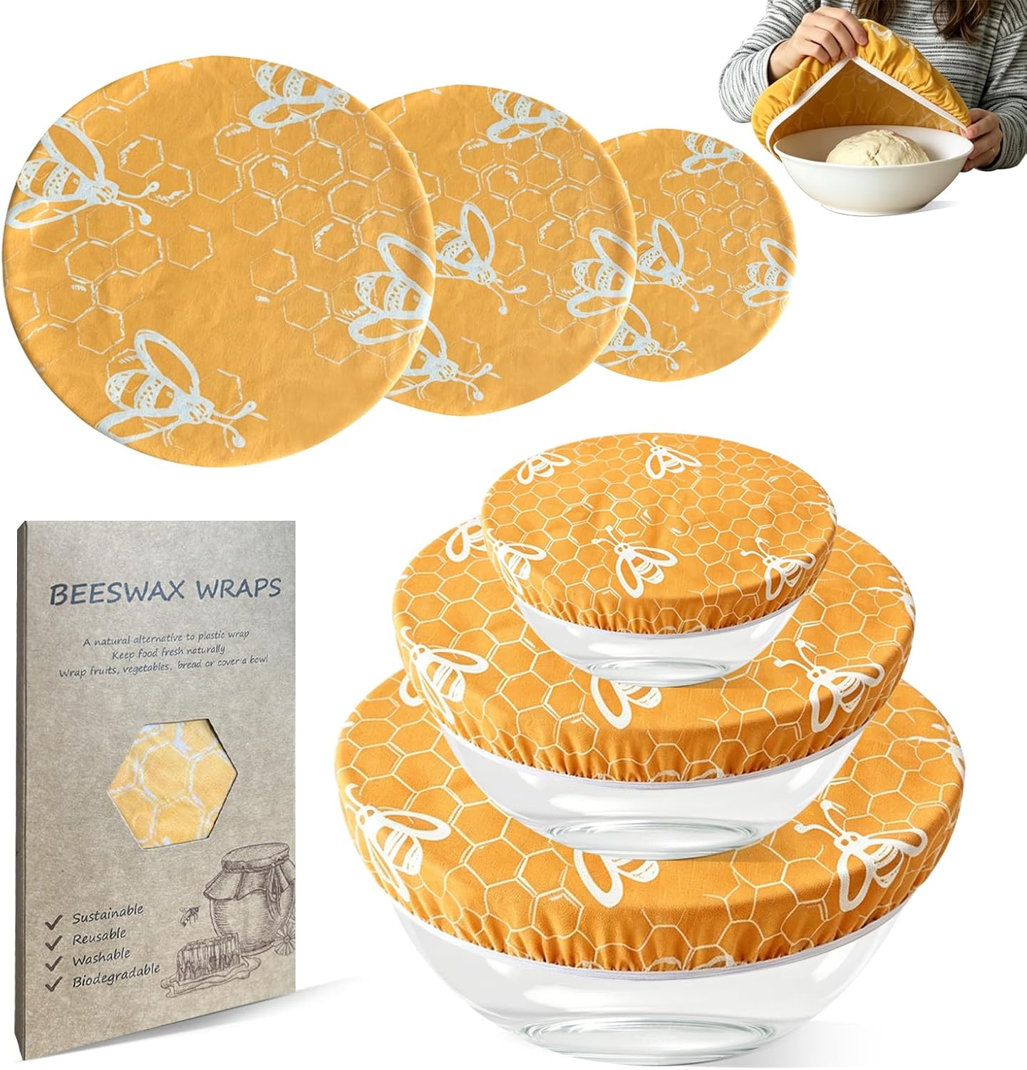 3 Pcs Bowl Covers for Bread Proofing-Cotton Beeswax Bowl Covers Reusable with Elastic Band-Beeswax Wraps for Bread to Fit 8/10/12 Inch Bowls