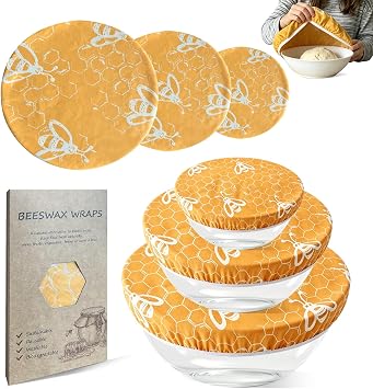 3 Pcs Bowl Covers for Bread Proofing-Cotton Beeswax Bowl Covers Reusable with Elastic Band-Beeswax Wraps for Bread to Fit 8/10/12 Inch Bowls