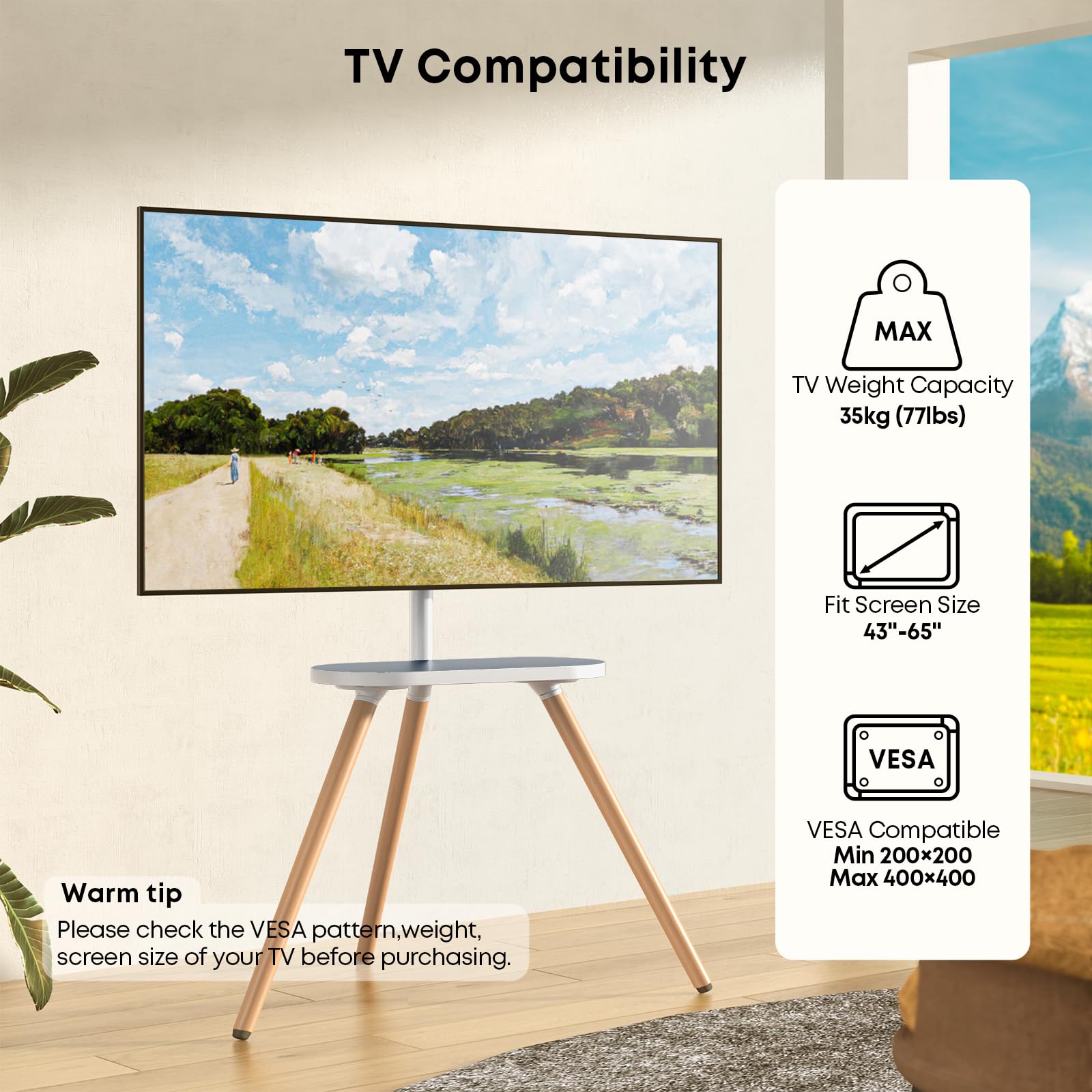 Stojak TV PUTORSEN Easel do ekranów o przekątnej 43-65 cali, przenośny obrotowy stojak TV na trójnogu z drewnianą tacą, maksymalne obciążenie 35KG, Wit